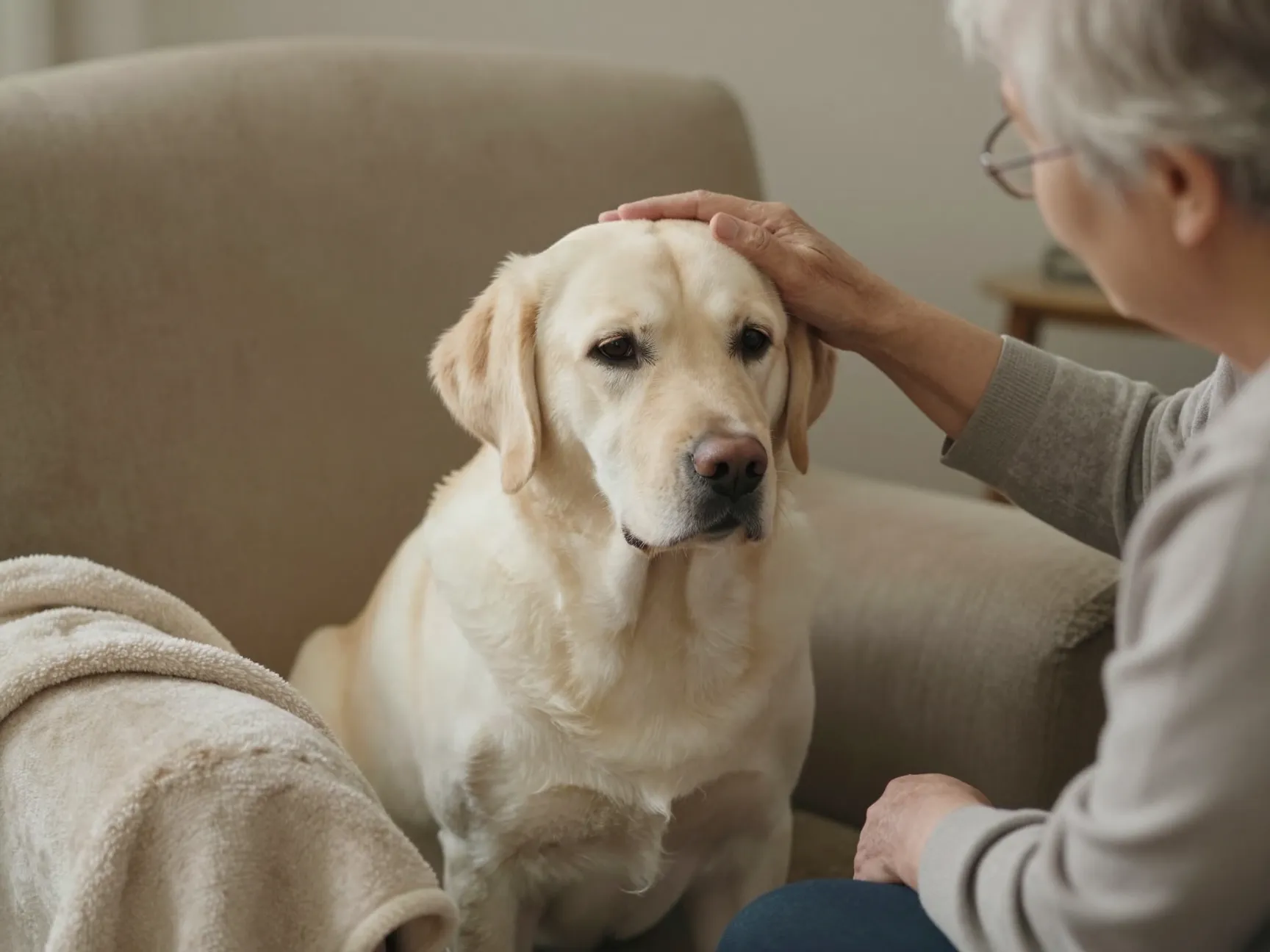 English golden lab calm therapy dog comforting elderly person