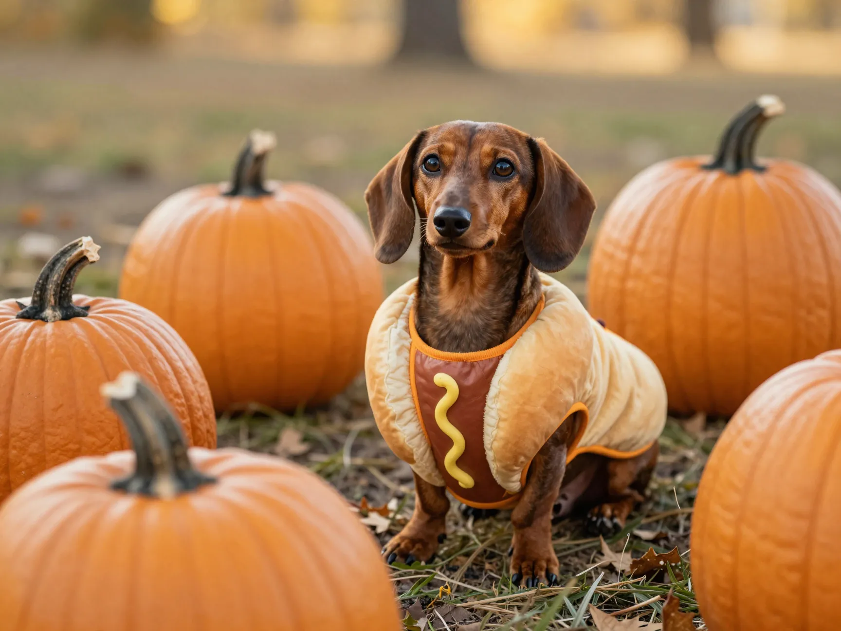 Halloween dachshund in hot dog costume pumpkin patch