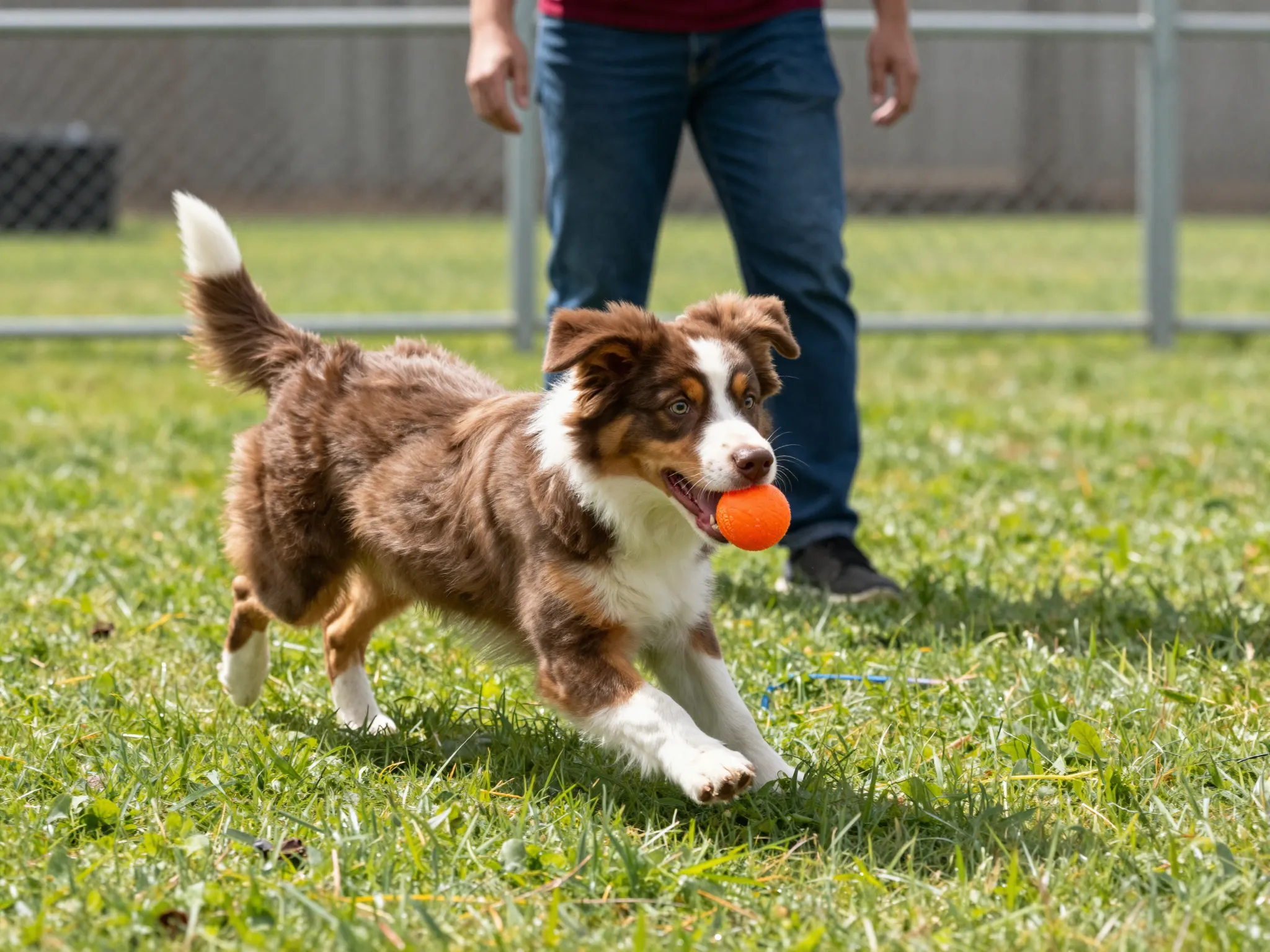 Aussie puppy playing controlled fetch with ball in fenced area