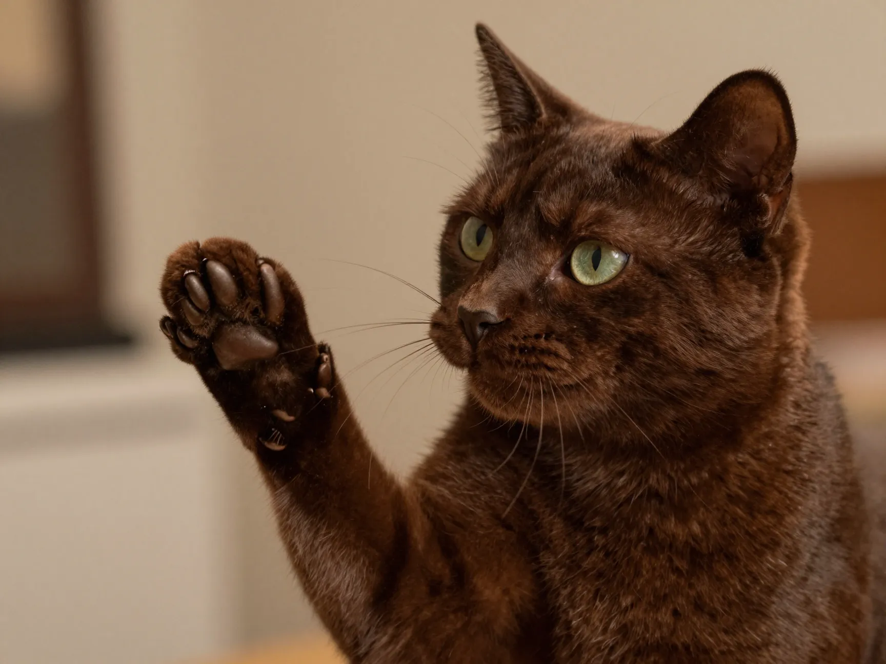 Chocolate havana brown cat using paw to touch human face