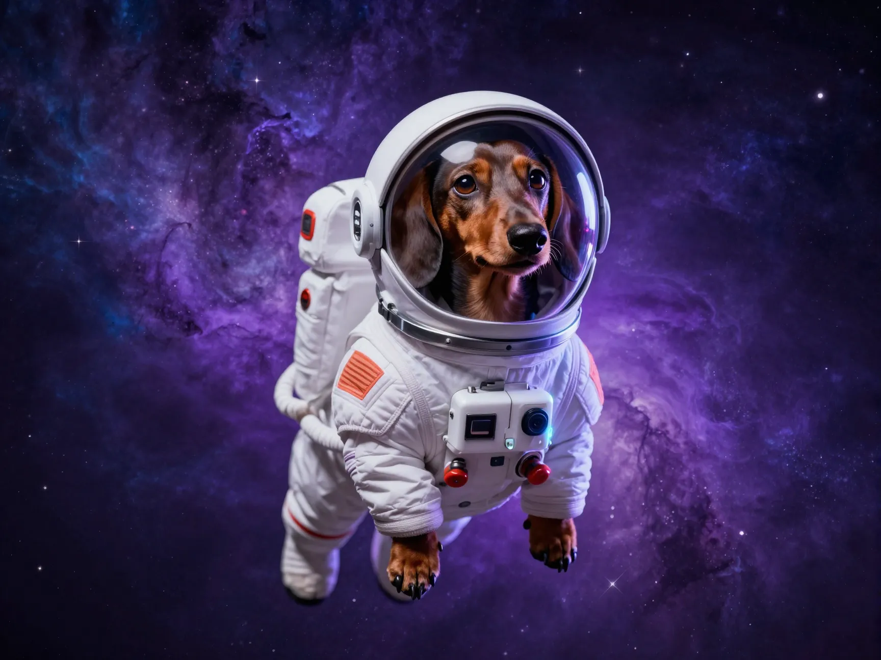 Space astronaut dachshund against purple nebula background