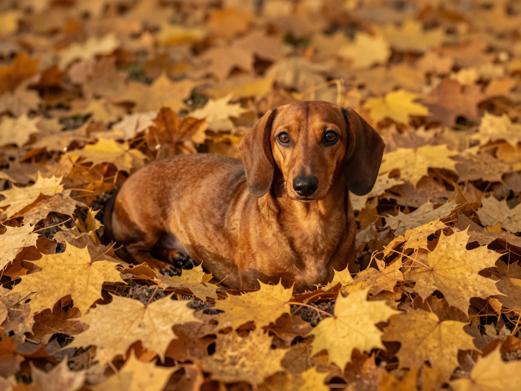 Cozy autumn dachshund nestled in pile of golden leaves
