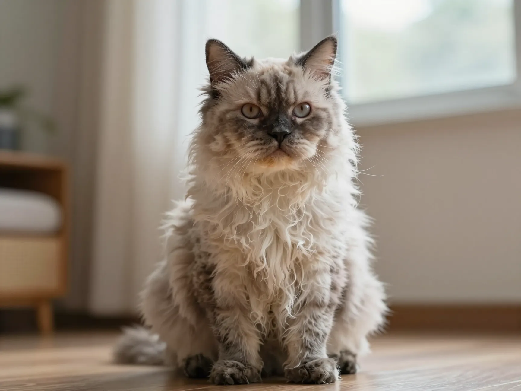 Fluffy curly coated selkirk rex cat with curly whiskers sitting