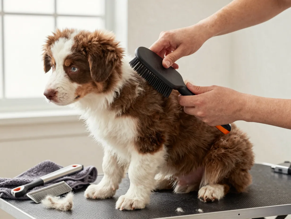 Owner brushing aussie puppy double coat with grooming tools