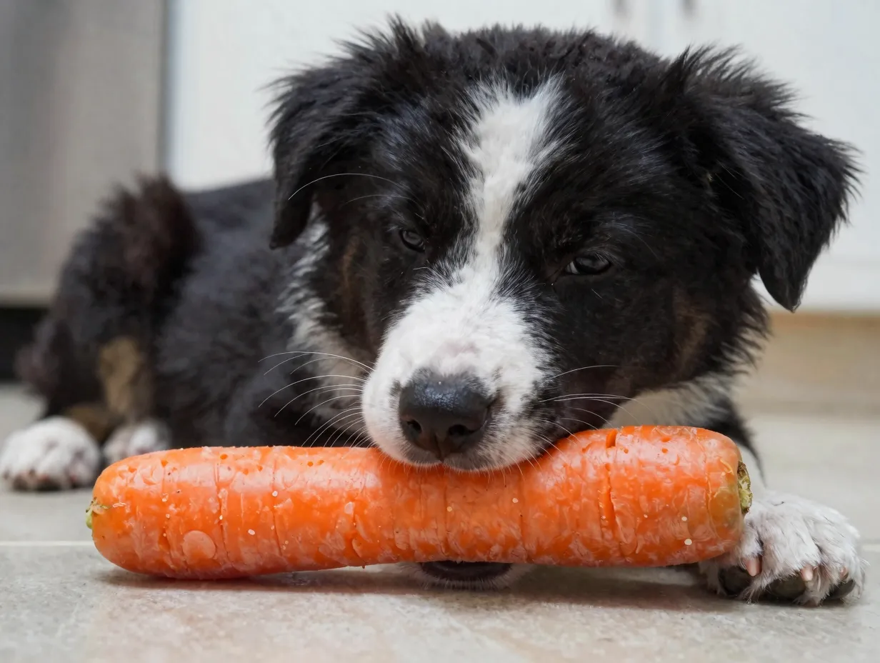 Aussie puppy chewing frozen carrot to soothe teething gums