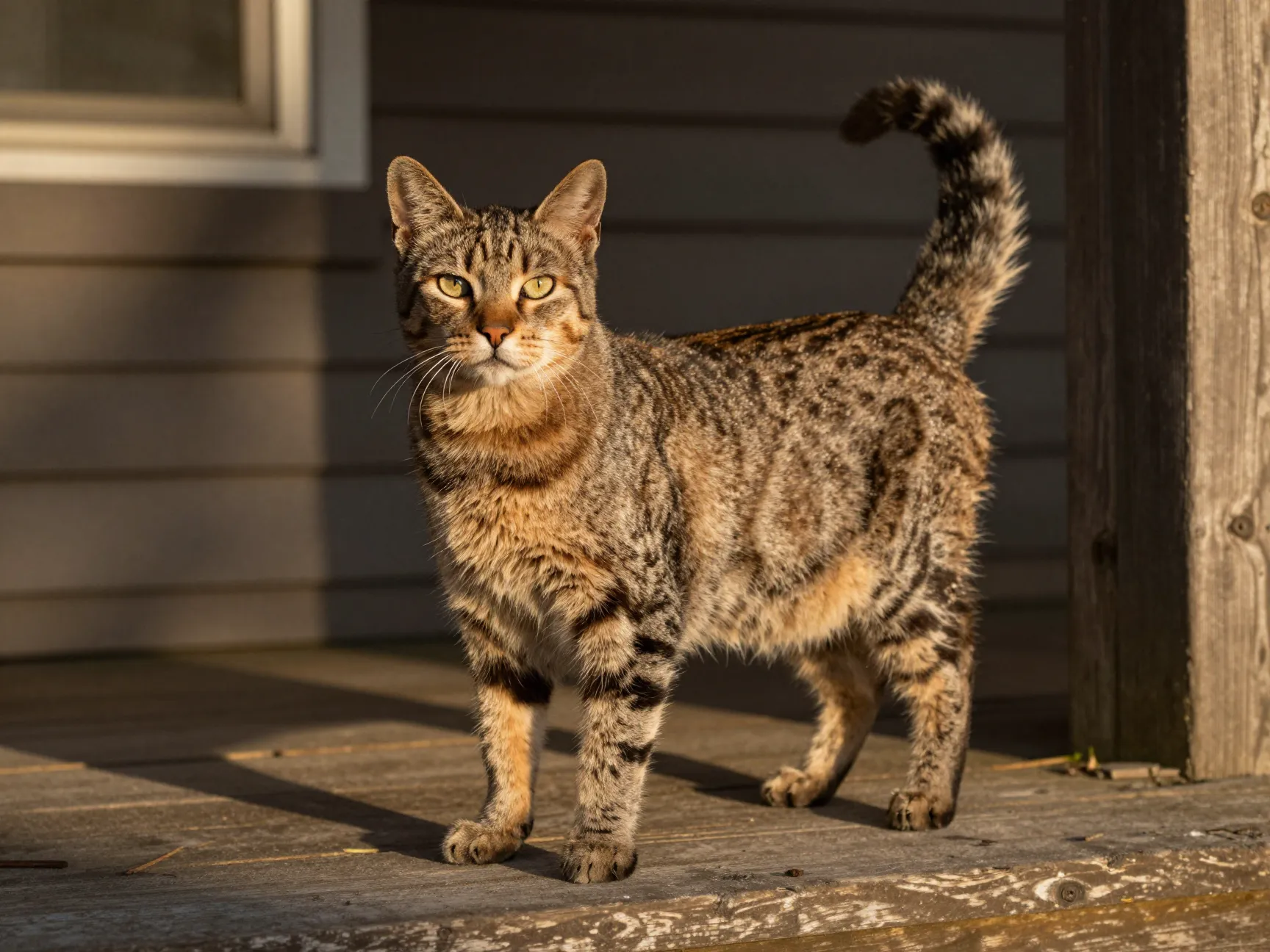 Large pixiebob cat with spotted tabby coat and bobbed tail
