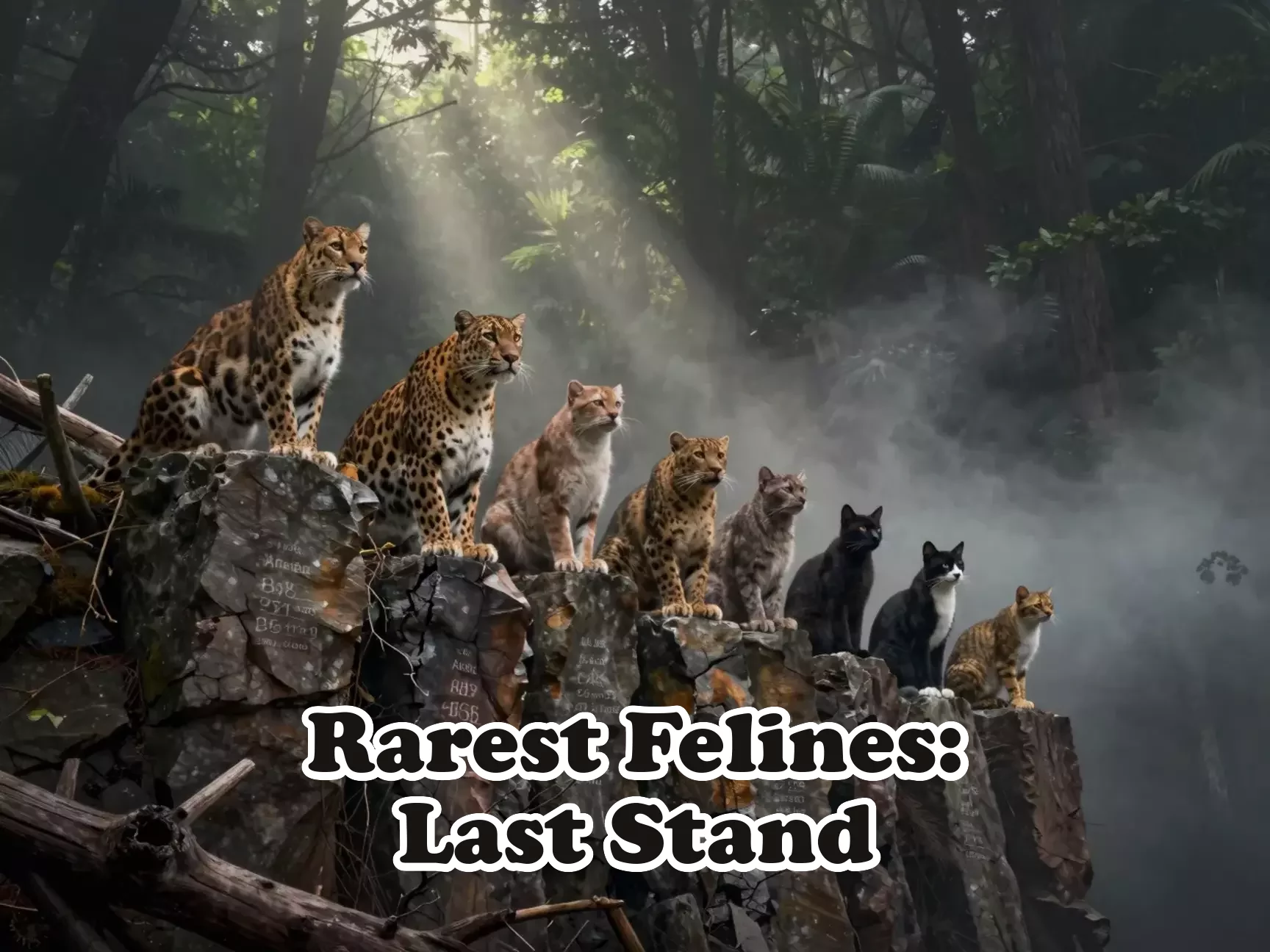 Eight endangered wild cats perched on misty cliff face main