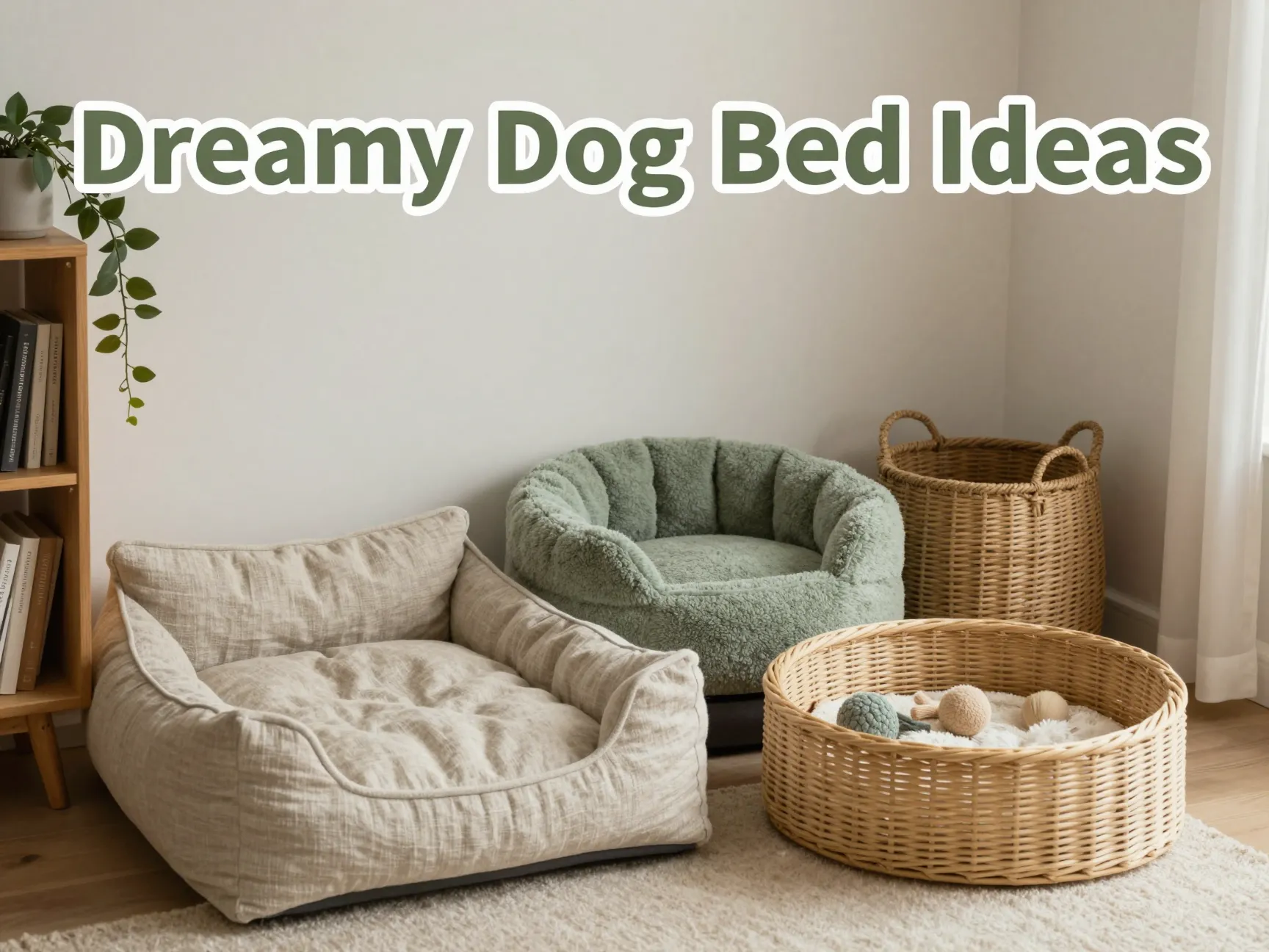 Stylish dog beds in a cozy corner with plants and textures