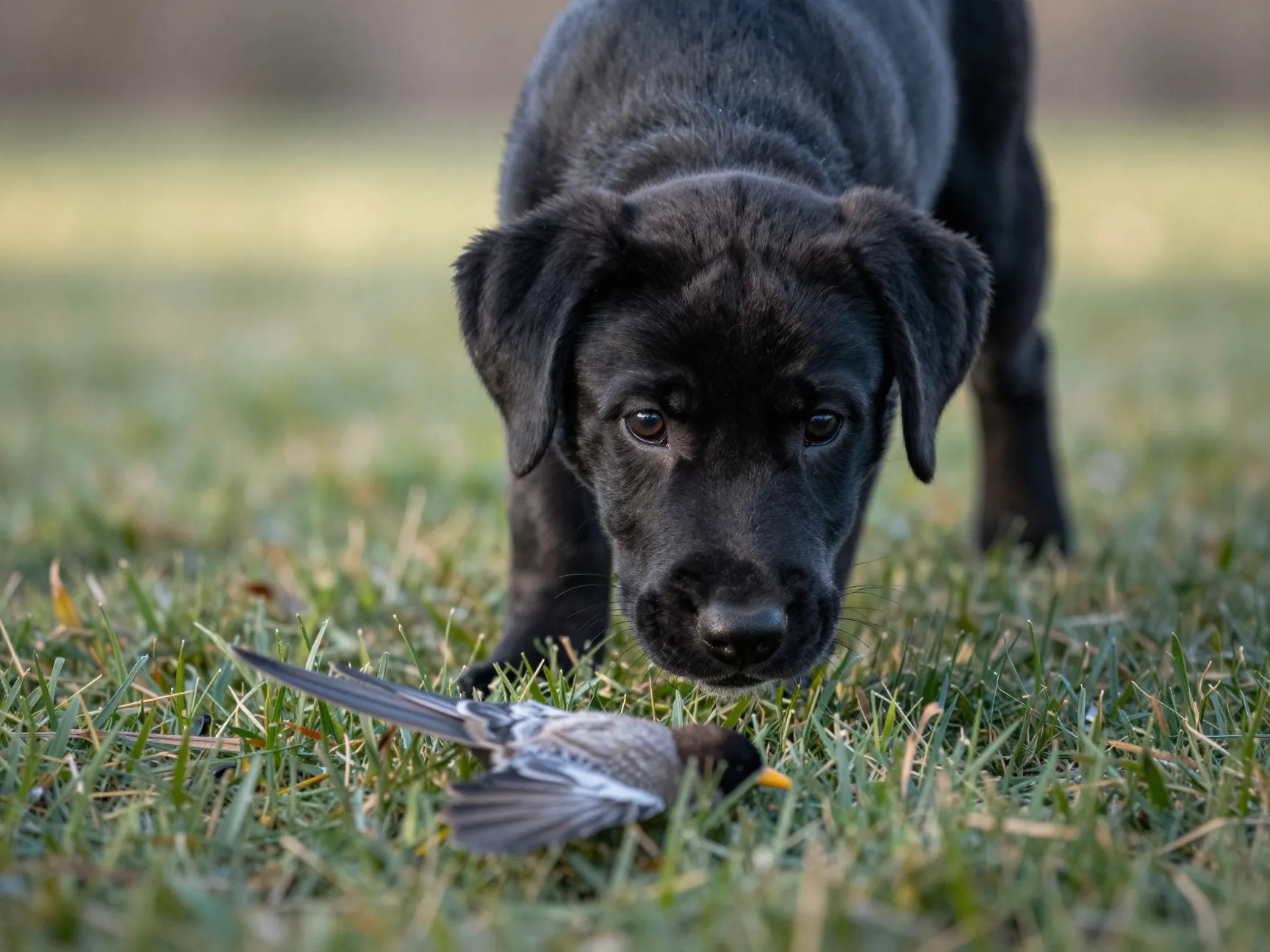 Black lab puppy tracking scent trail with frozen posture intensity