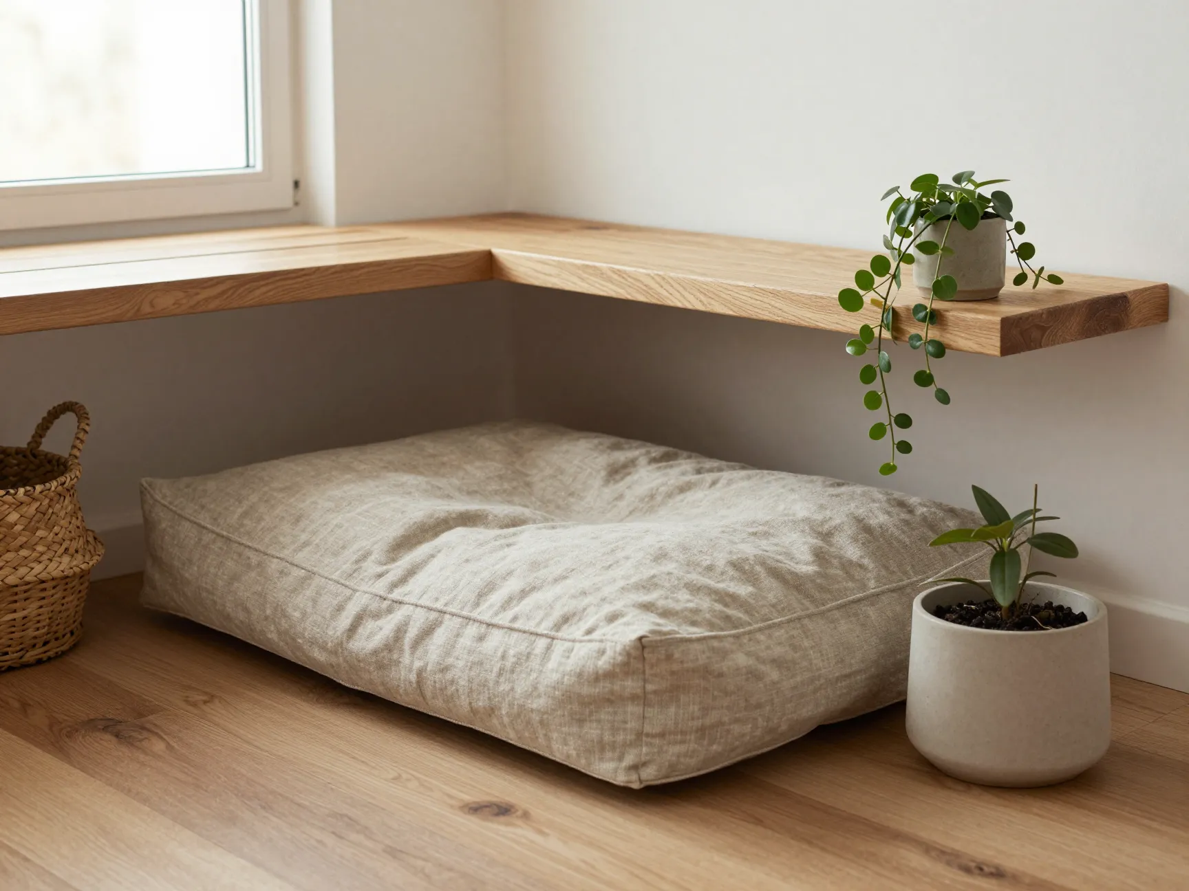 Scandinavian linen flat dog bed under bench in minimalist entryway