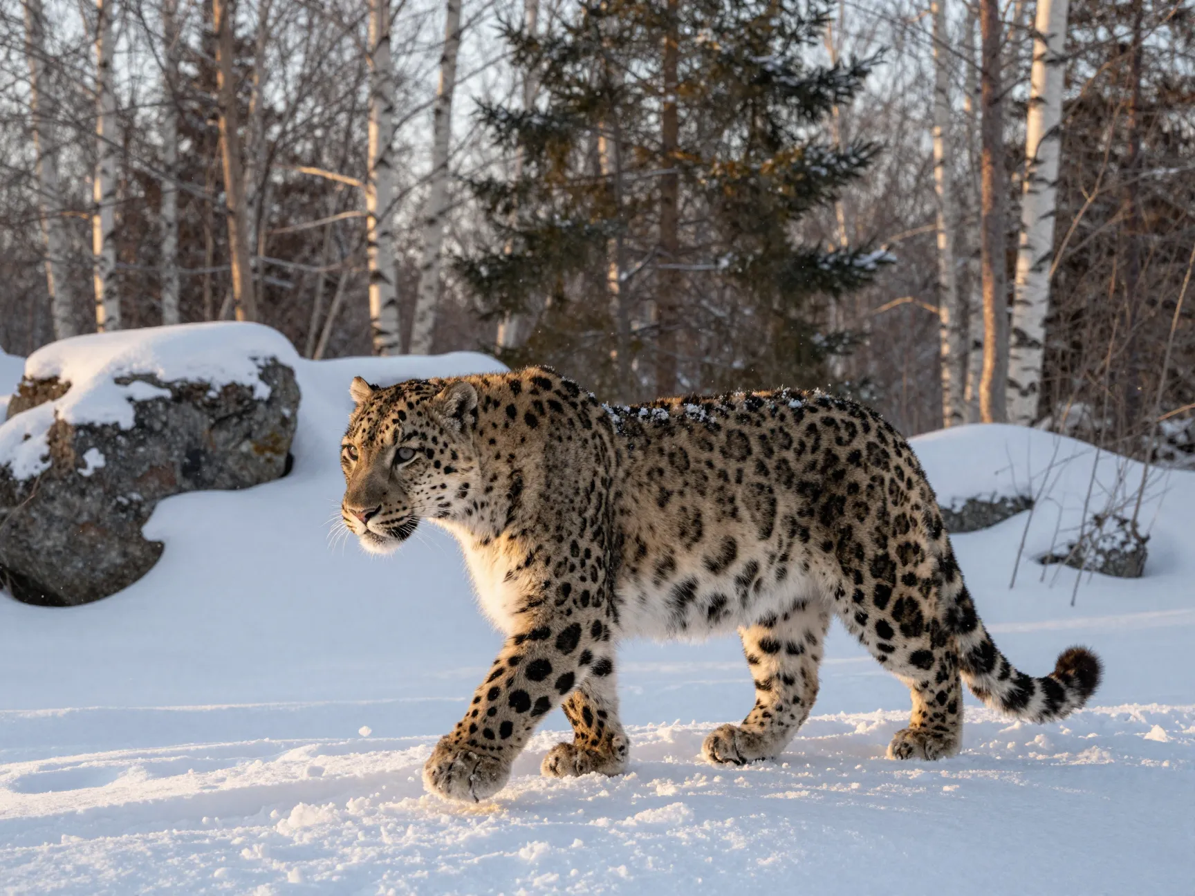 Amur leopard solitary in snowy temperate russian forest