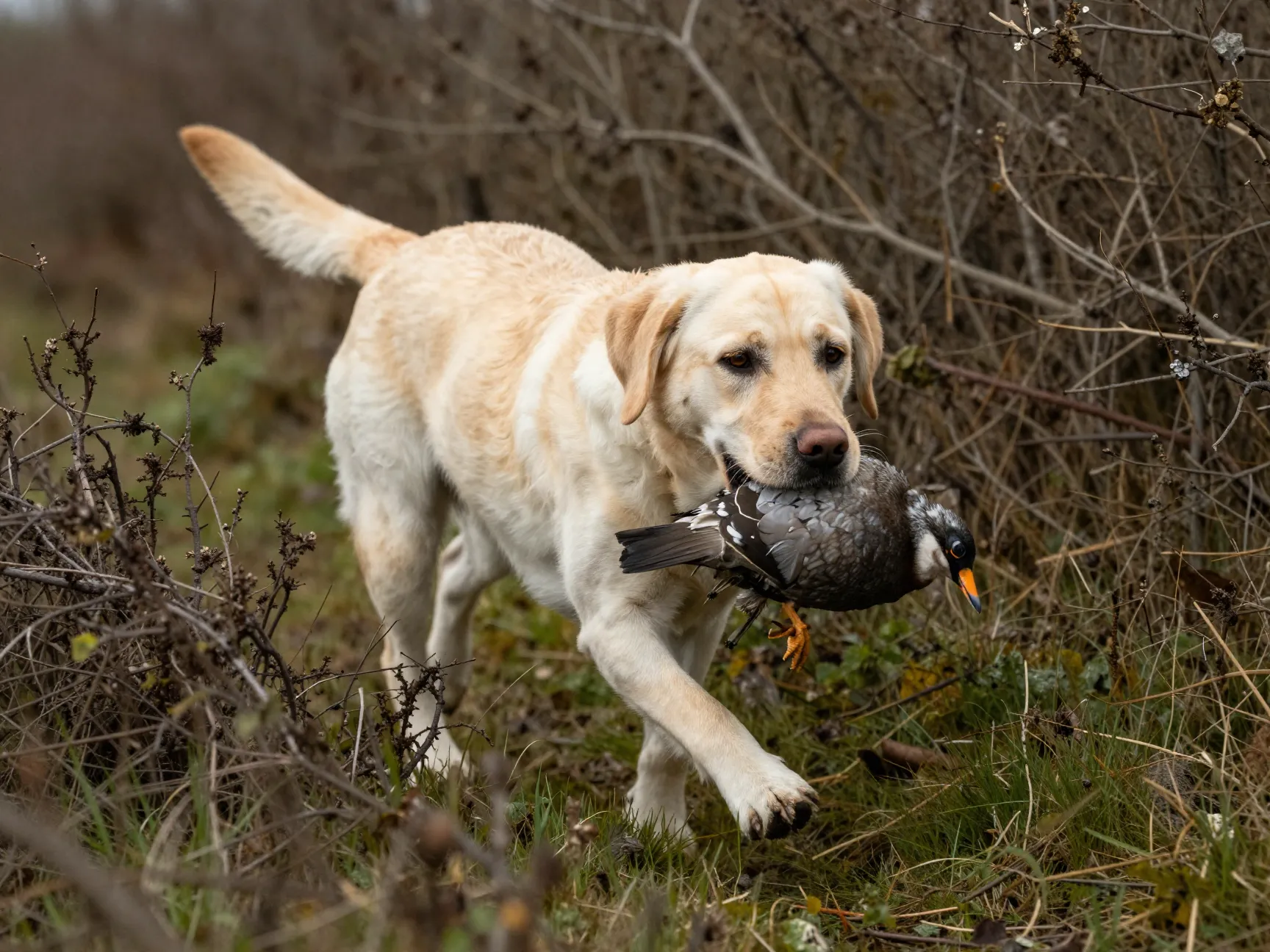 Intelligent labrador retriever navigating thick cover for a retrieve
