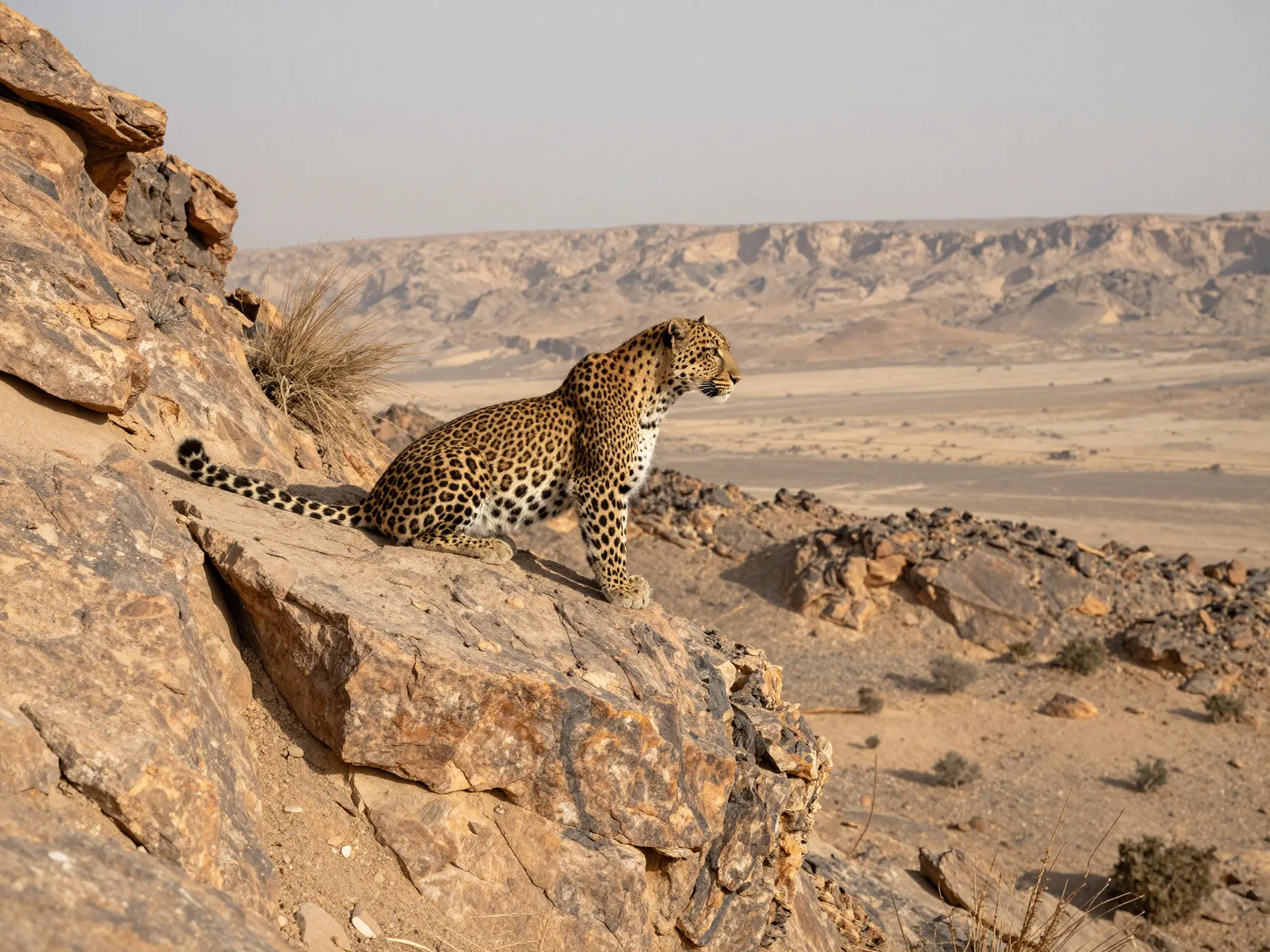 Arabian leopard elusive on arid rocky mountain outcrop