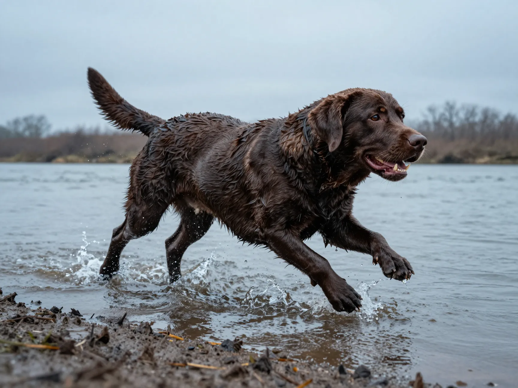 Determined labrador retriever launching into cold rough water