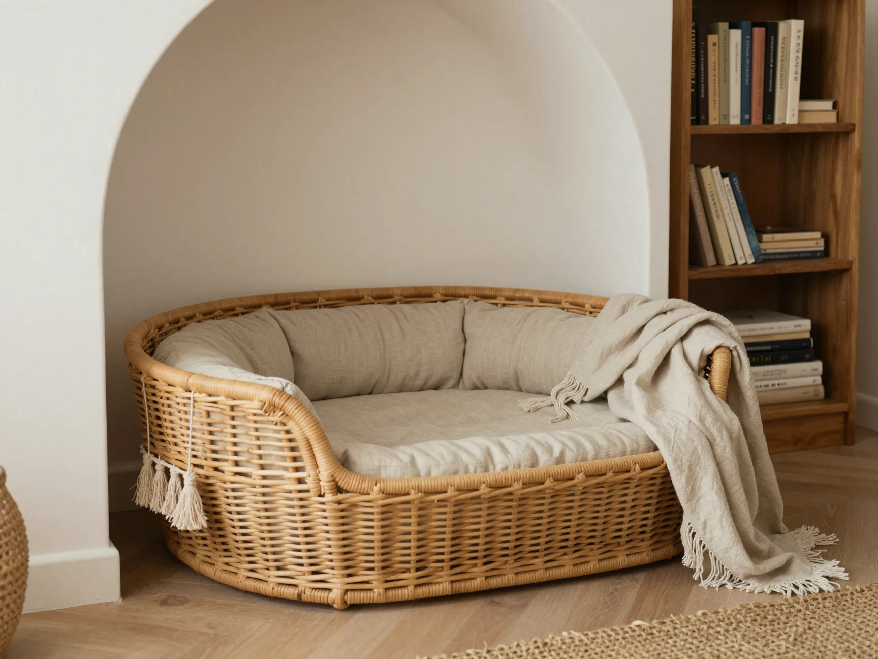 Rattan basket dog bed with cushion in boho alcove