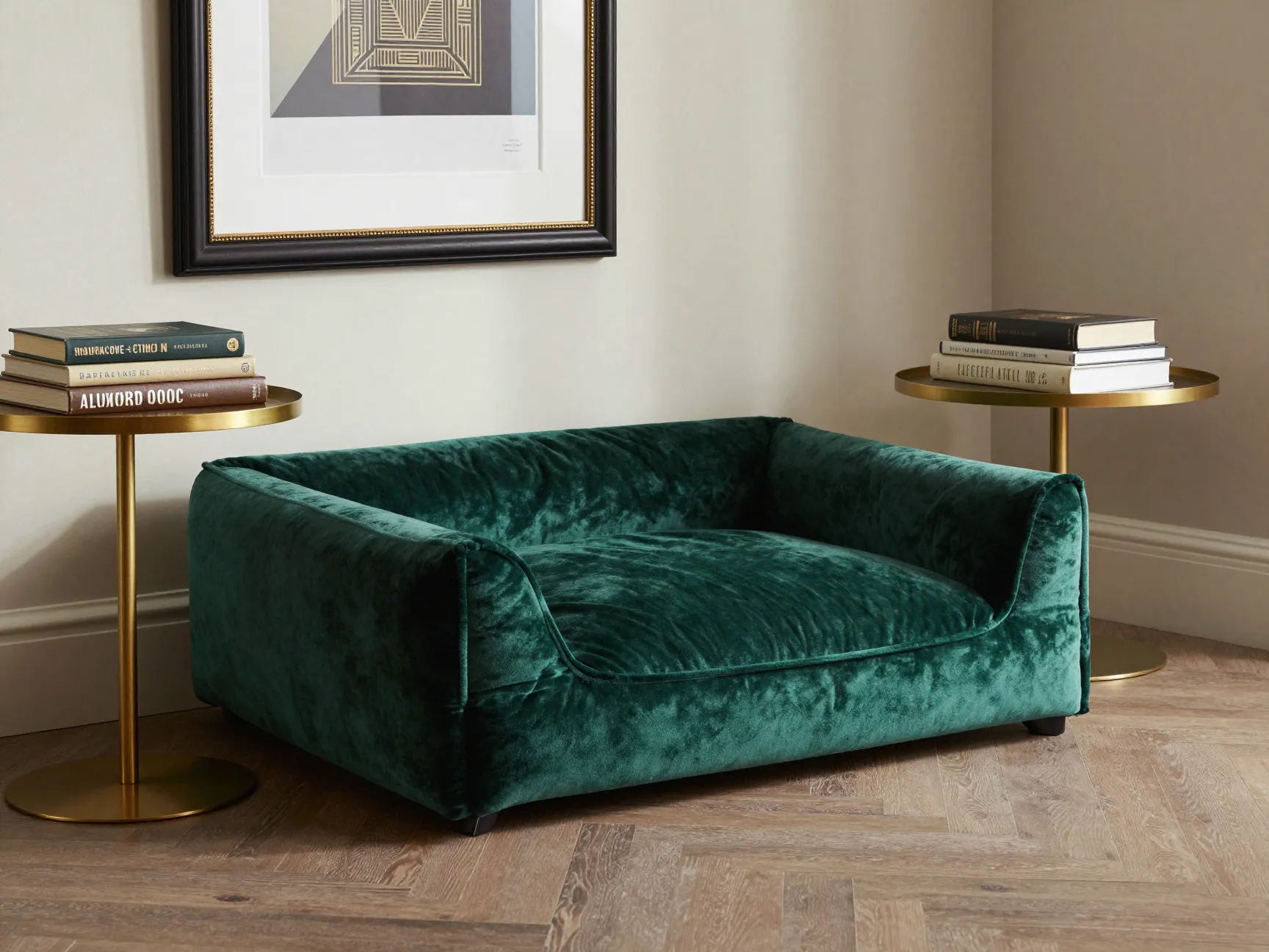 Velvet bolster bed in glam corner with brass side table