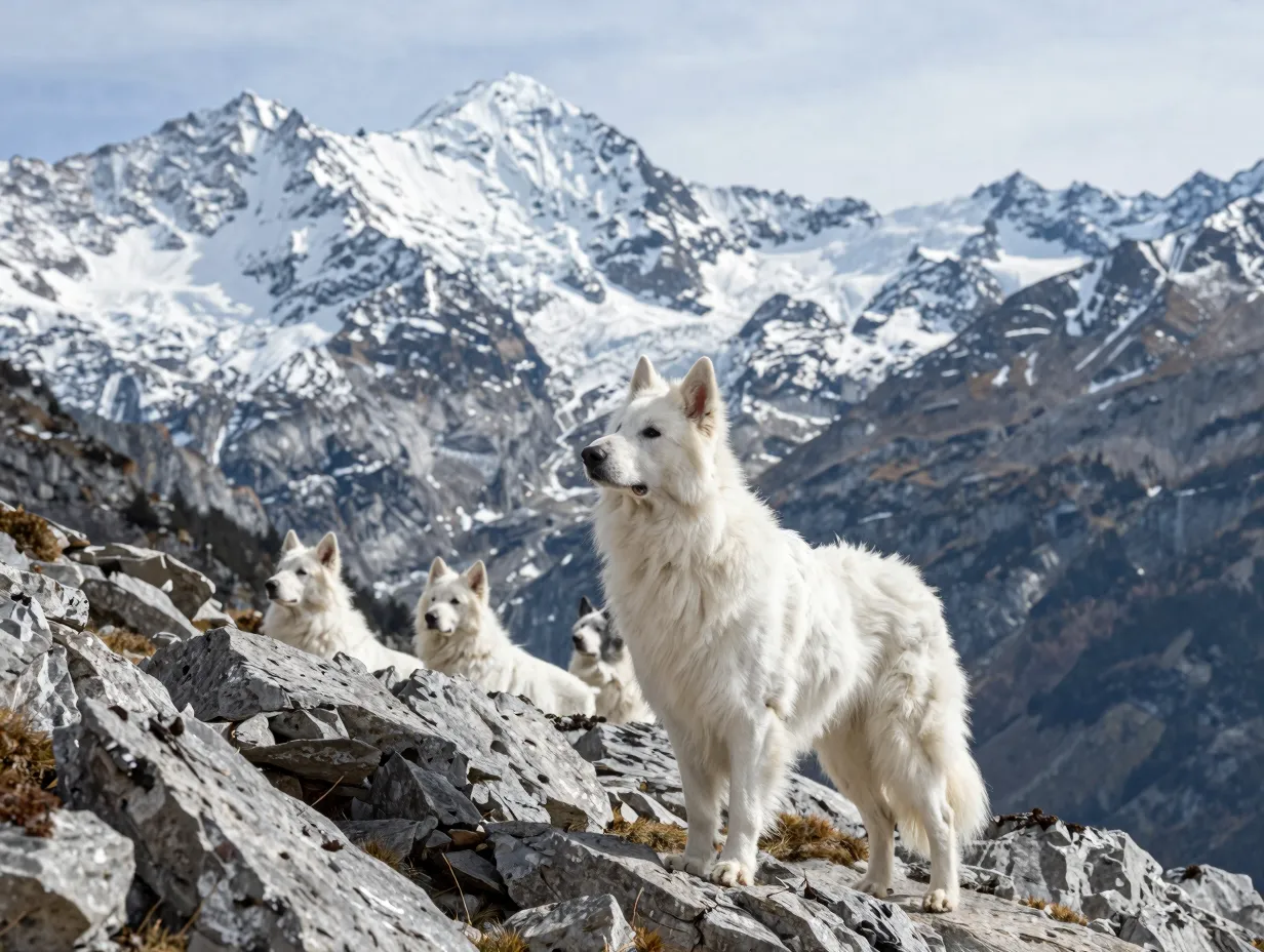 White swiss shepherd dog with long coat in alps
