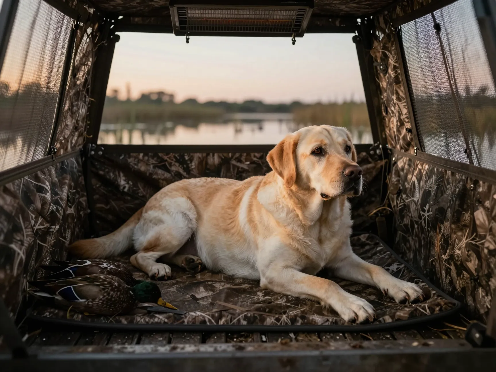 Calm labrador retriever lying patiently in a duck hunting blind