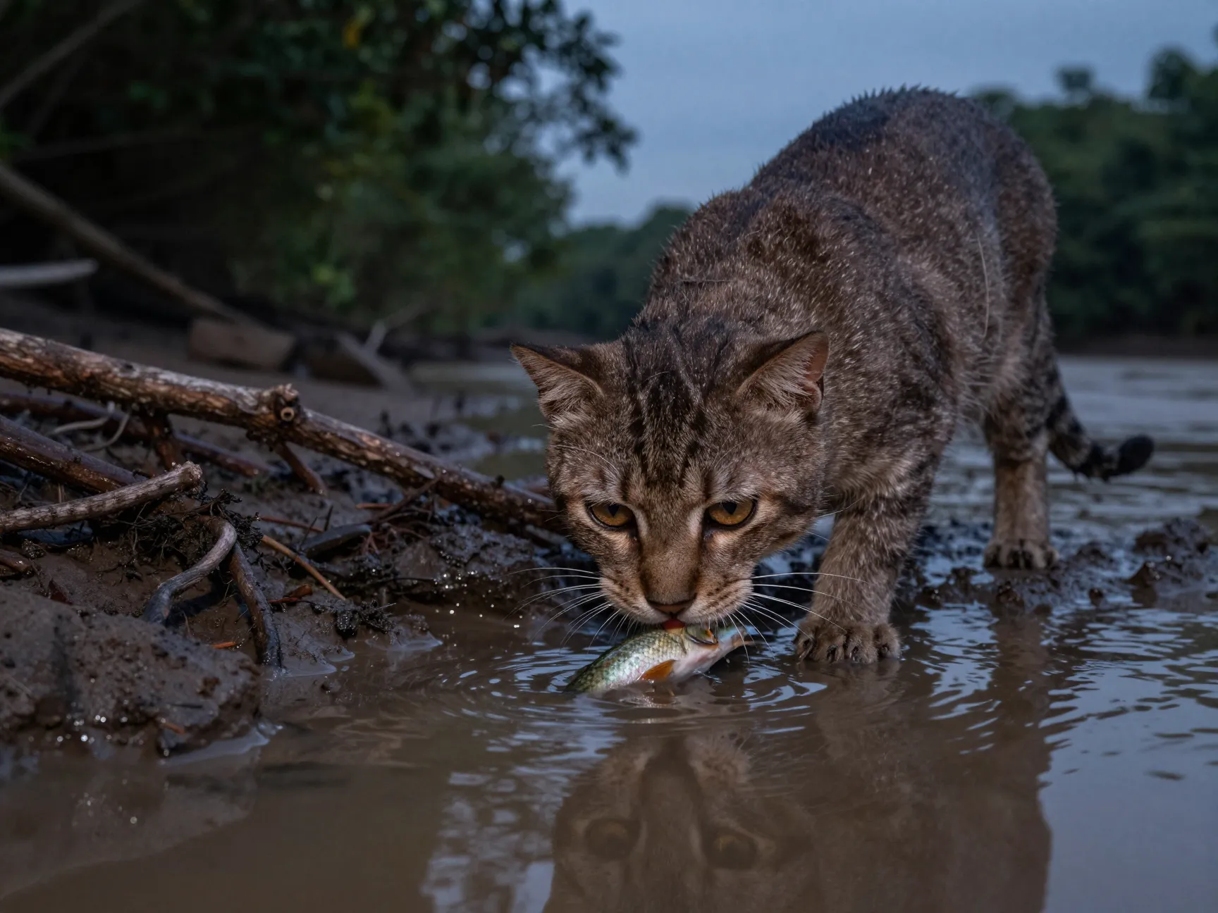 Flat headed cat hunting fish along muddy riverbank at dusk
