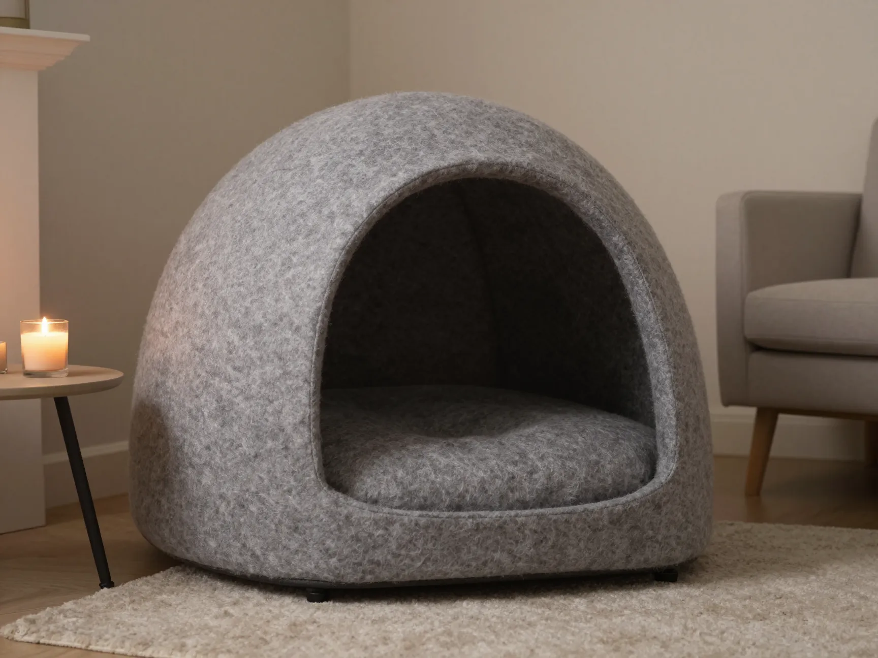 Grey felt dome cave bed in cozy reading nook