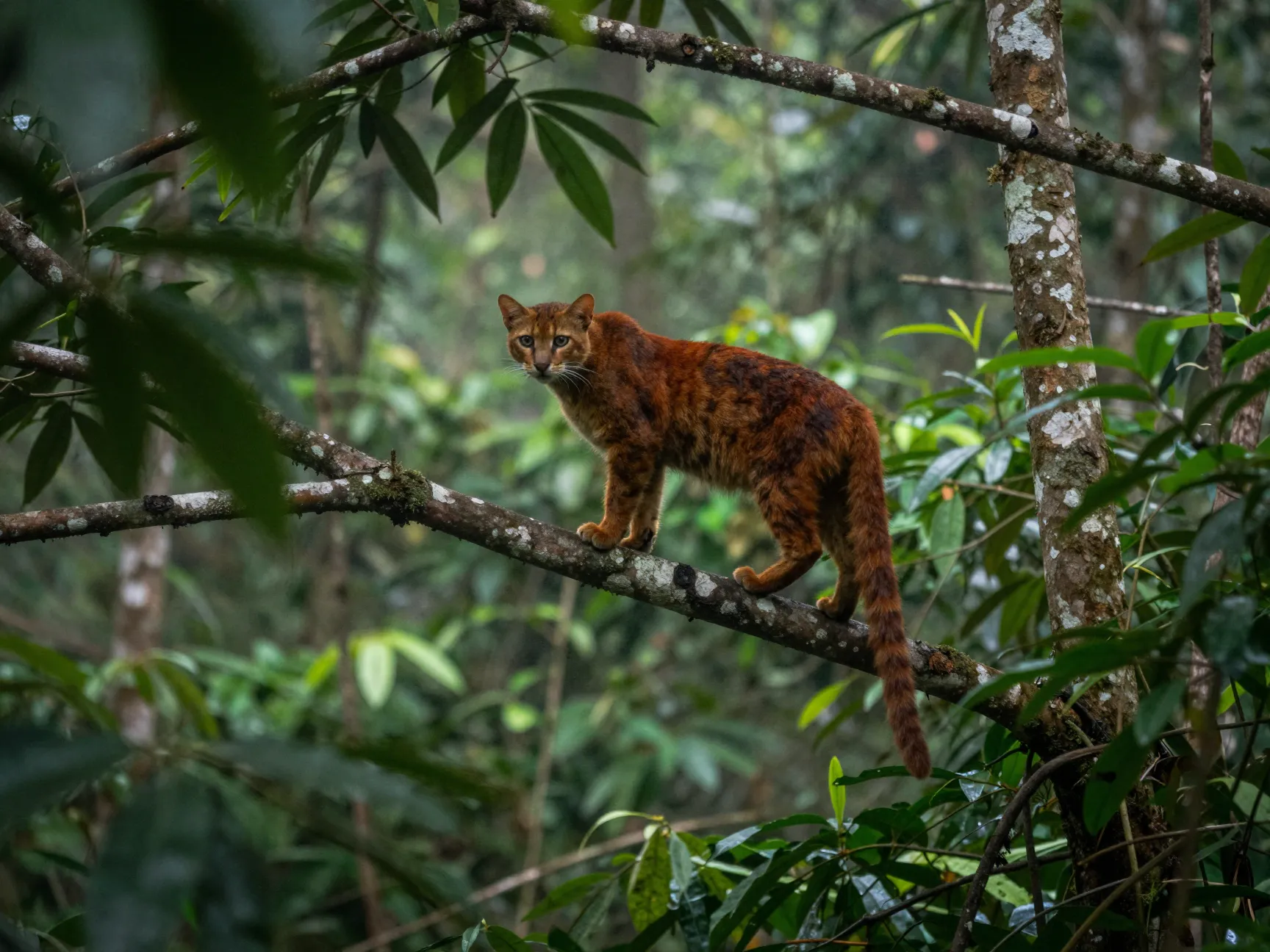 Borneo bay cat ghostly figure in dense humid rainforest canopy
