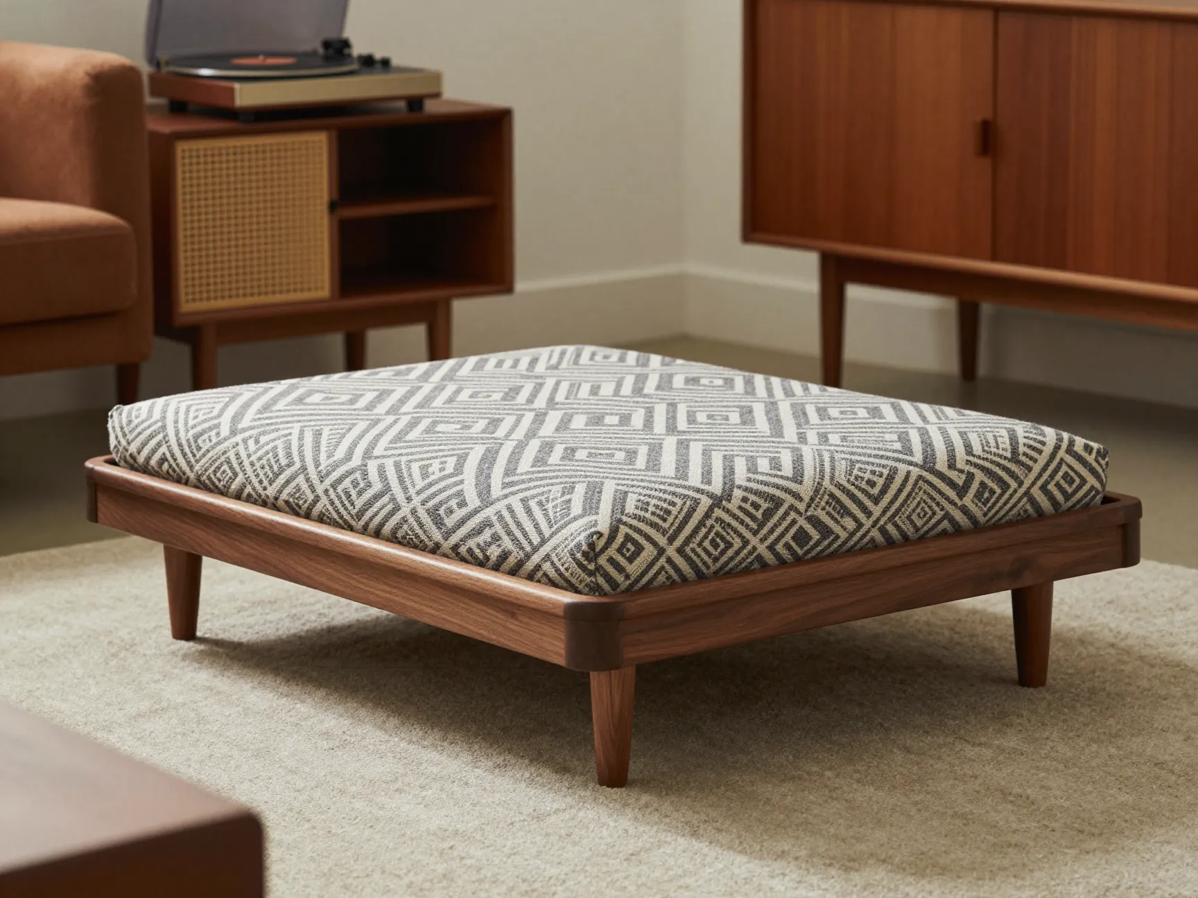 Walnut mid century modern platform dog bed with record player