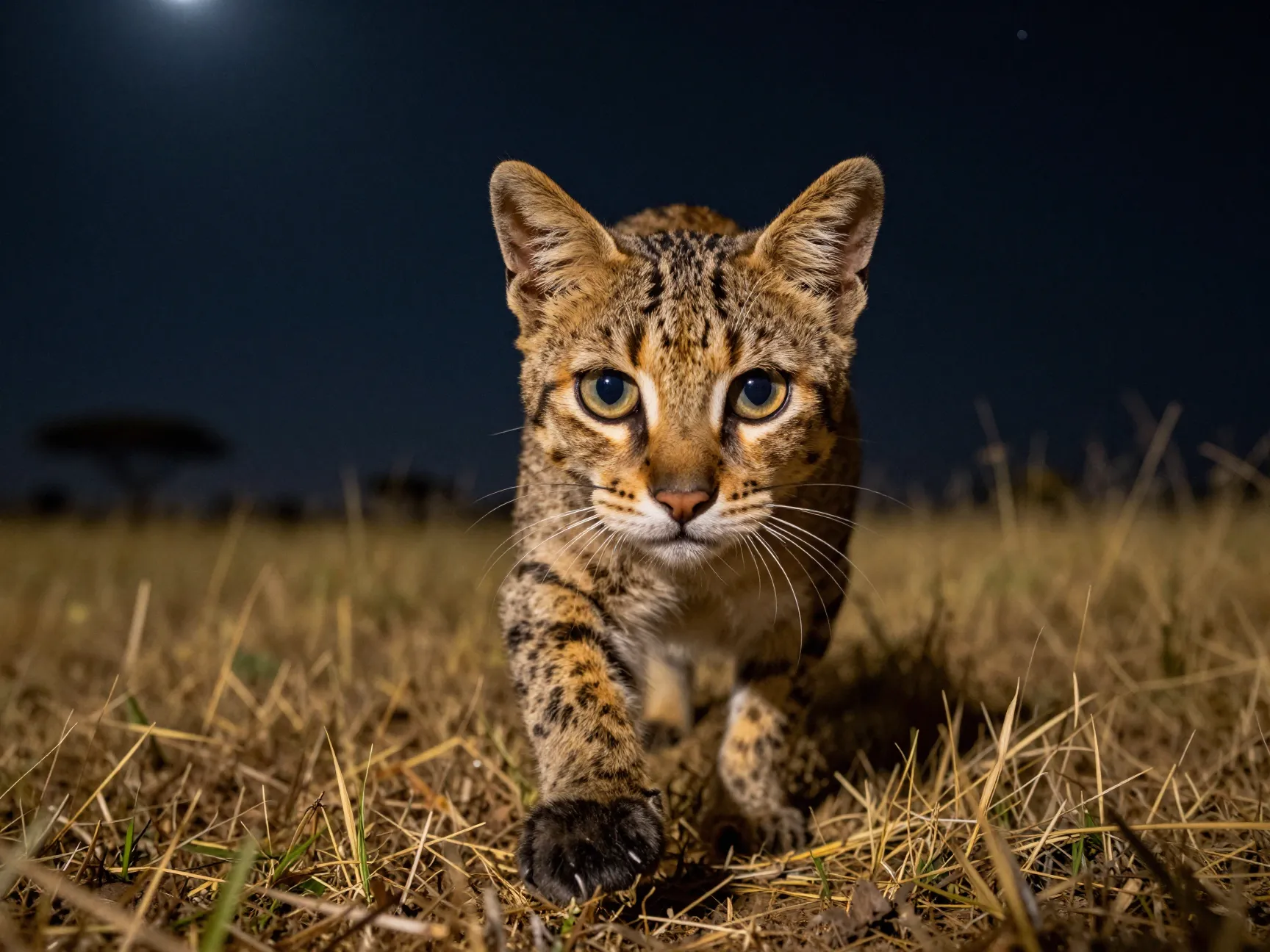 Black footed cat extraordinary hunter in african arid grassland night