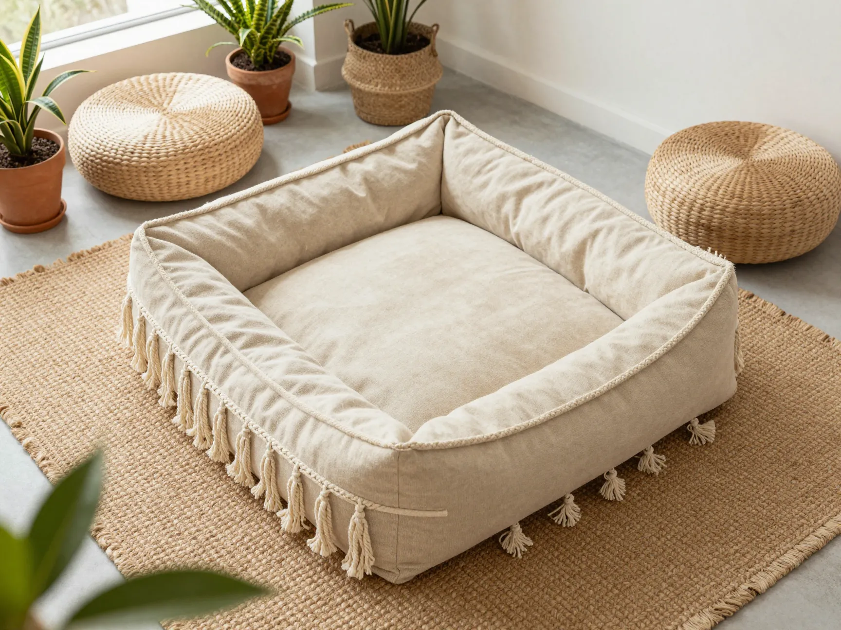 Macrame trimmed floor cushion dog bed on jute rug