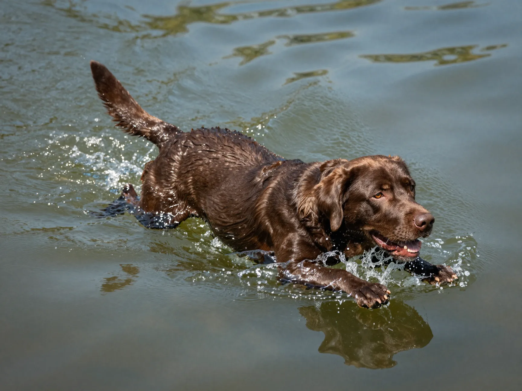 Powerful labrador retriever swimming with webbed paws and otter tail