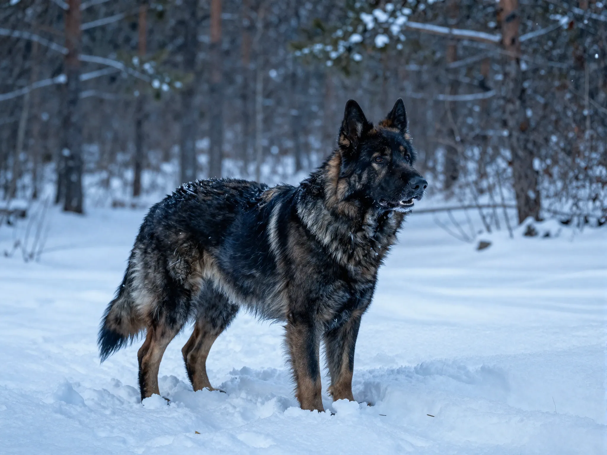 East european shepherd thick coat in snowy russian landscape