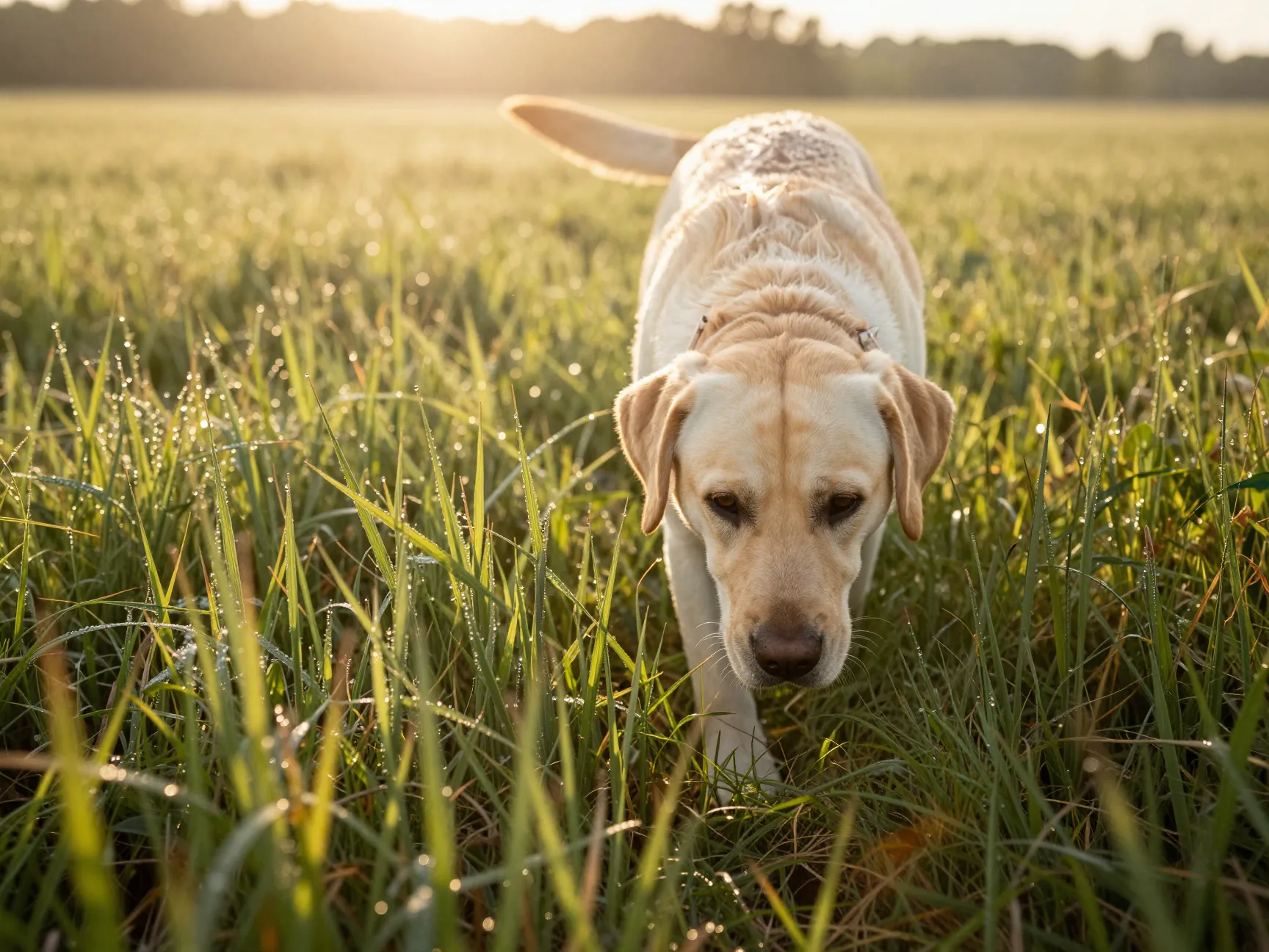 Labrador retriever nose deep in scent tracking through tall grass