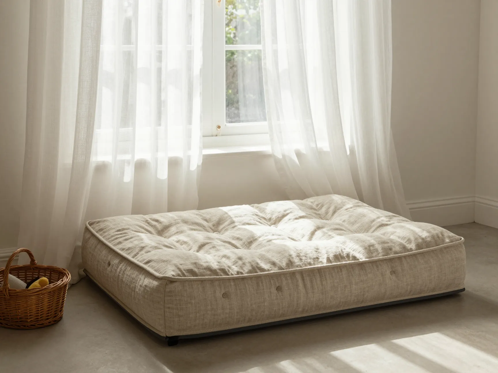 Linen tufted mattress dog bed beneath sheer curtained window