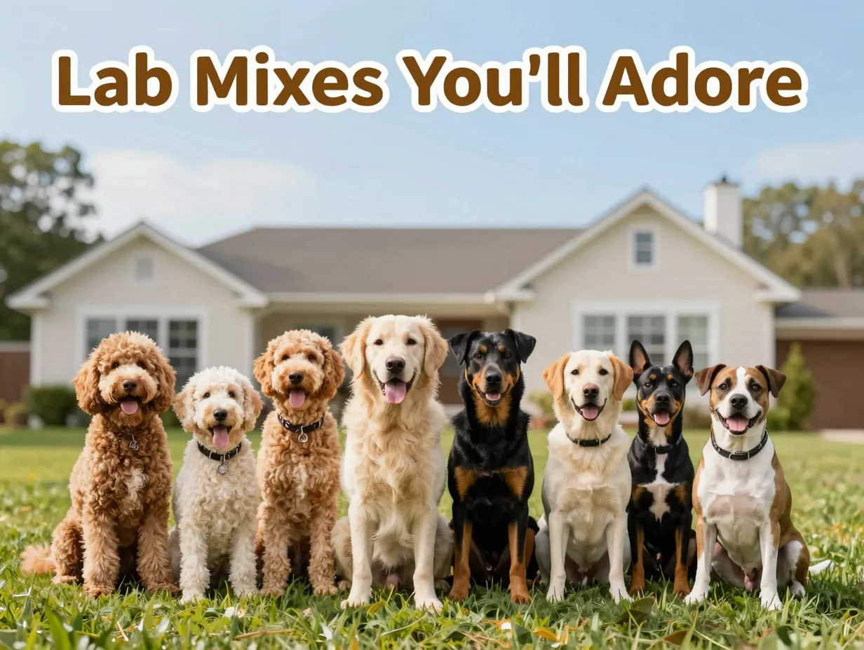 Eight lab retriever mix dogs sitting on lawn family home background