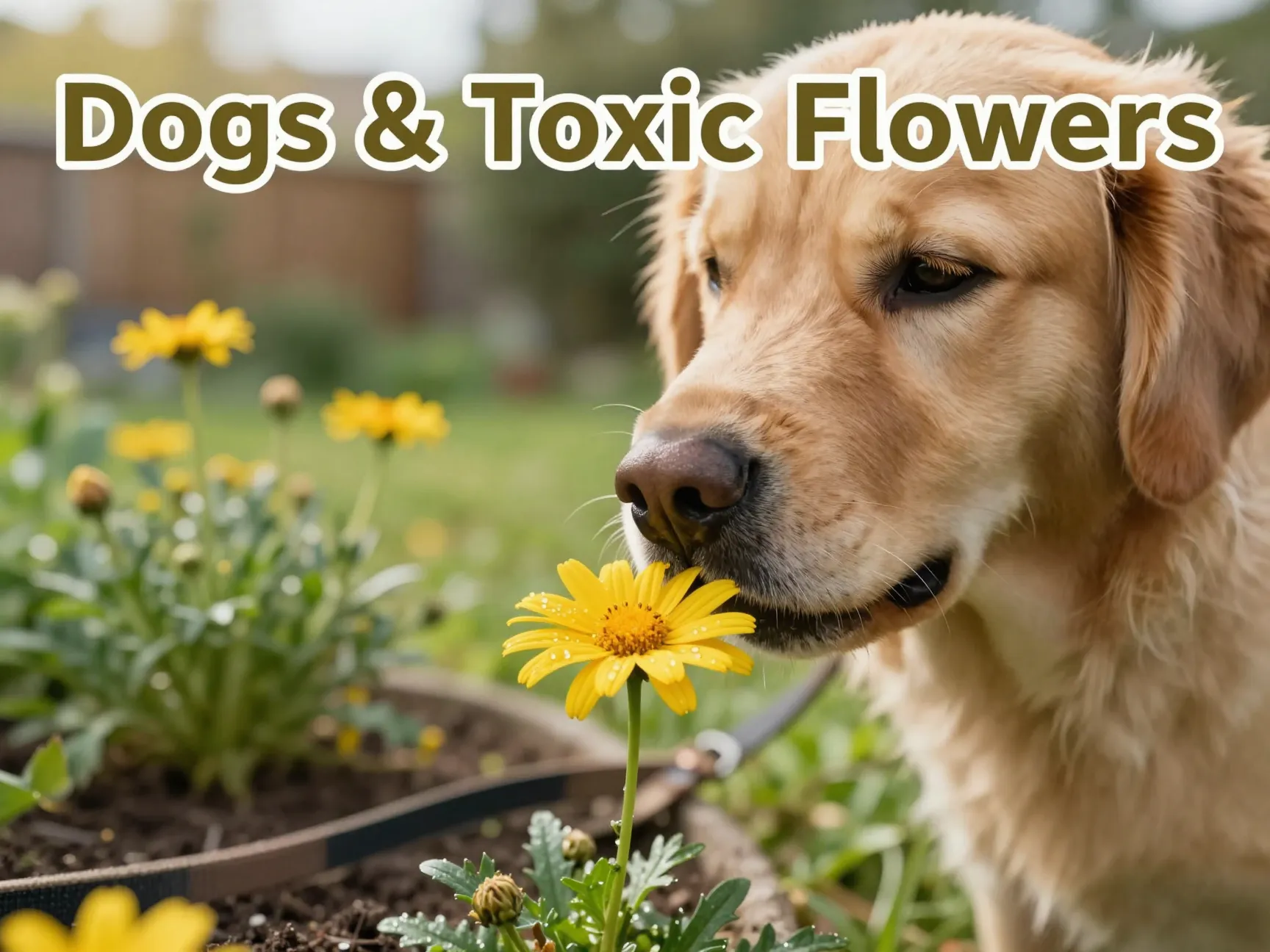 Golden retriever sniffing daisy garden morning sunlight toxic plants awareness