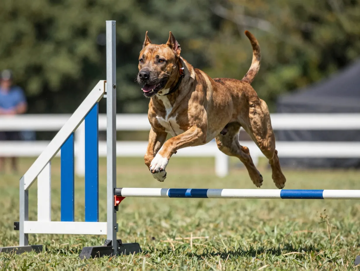 Muscular gerberian shepsky working dog mid jump on agility course