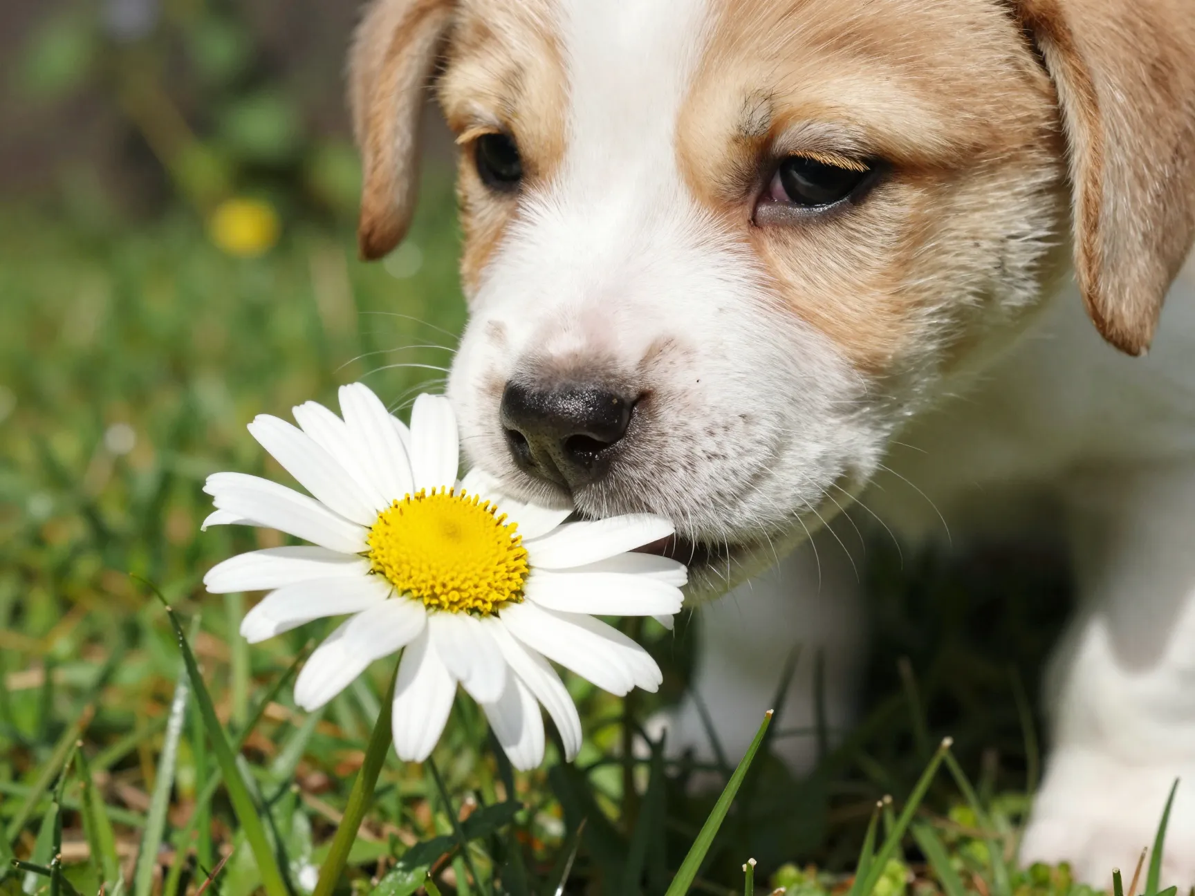 Puppy curiously sniffing and tasting a bright daisy in sunny garden