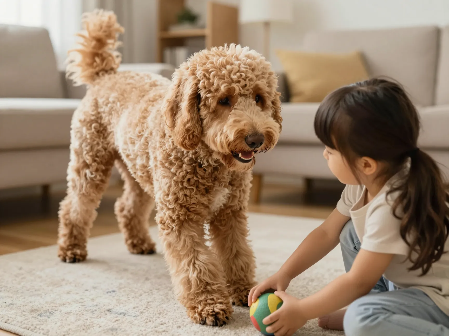 Smart friendly labradoodle in family home playing with child
