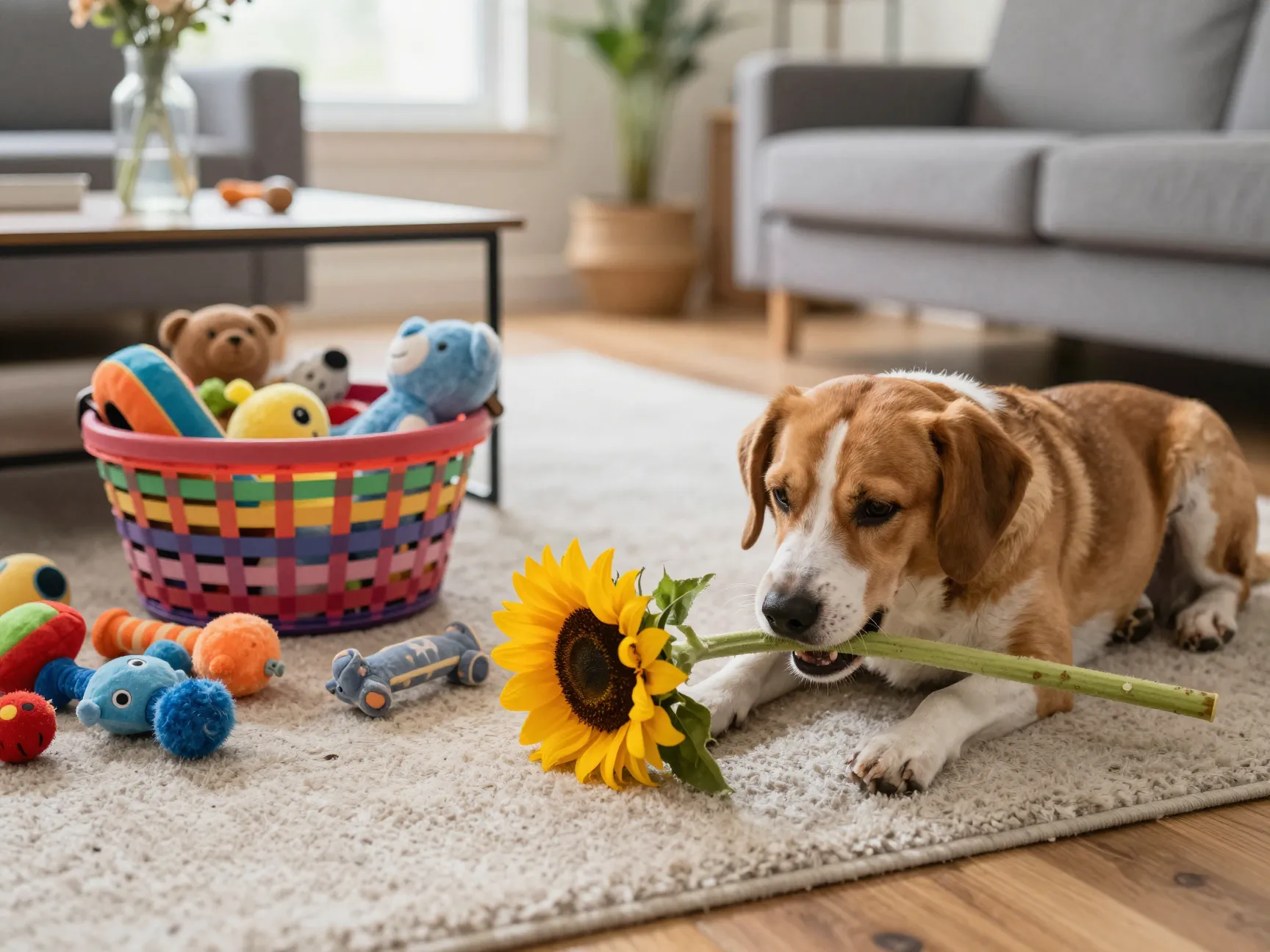 Bored dog ignoring nearby toy basket to chew a sunflower stem