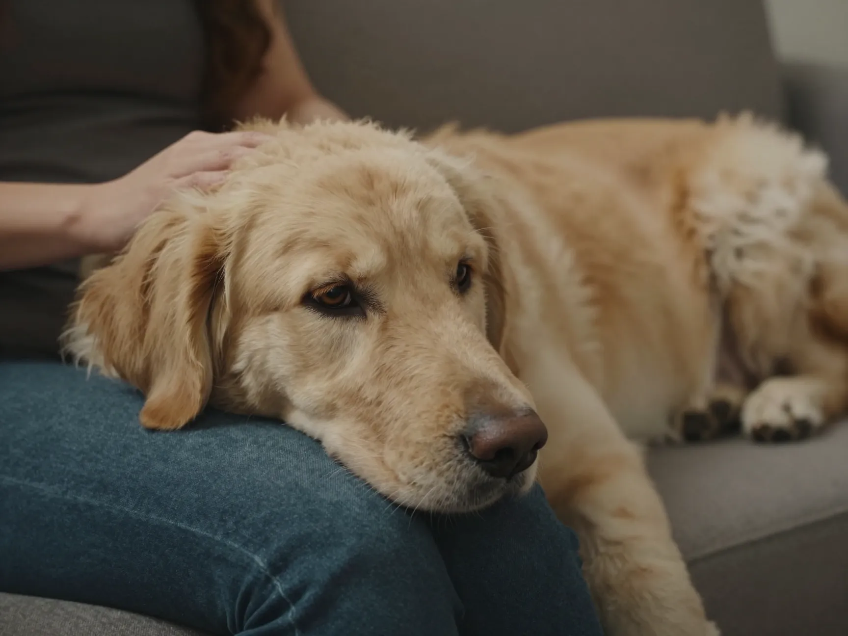 Gentle goldador therapy dog comforting person on couch