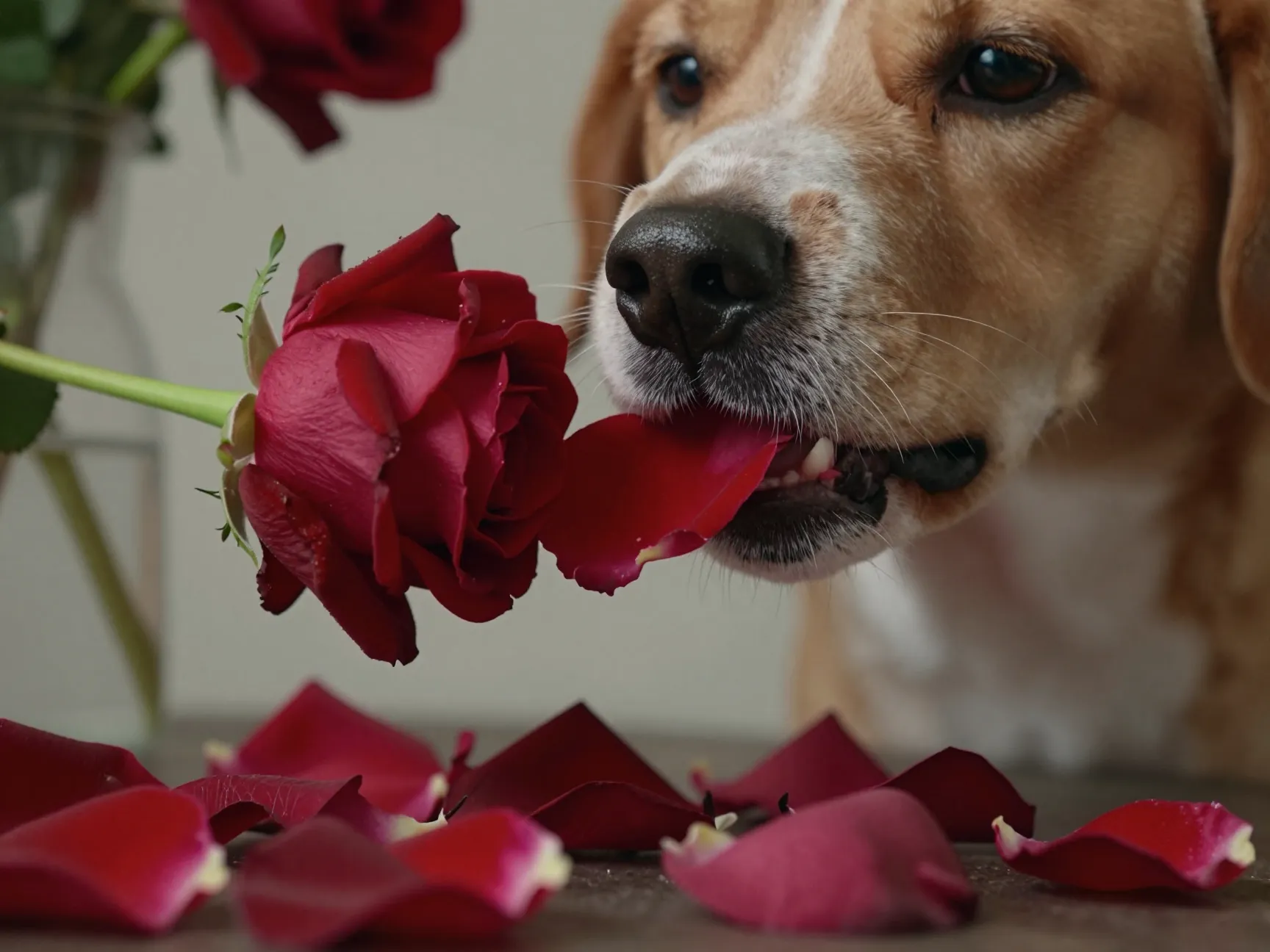 Dog delicately eating petals from a non toxic rose with gourmet focus