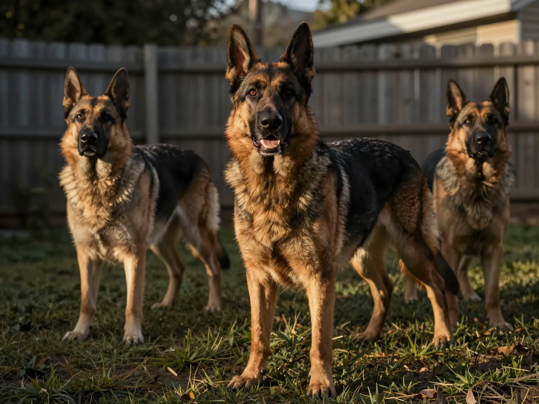 Loyal german sheprador alert in outdoor yard setting