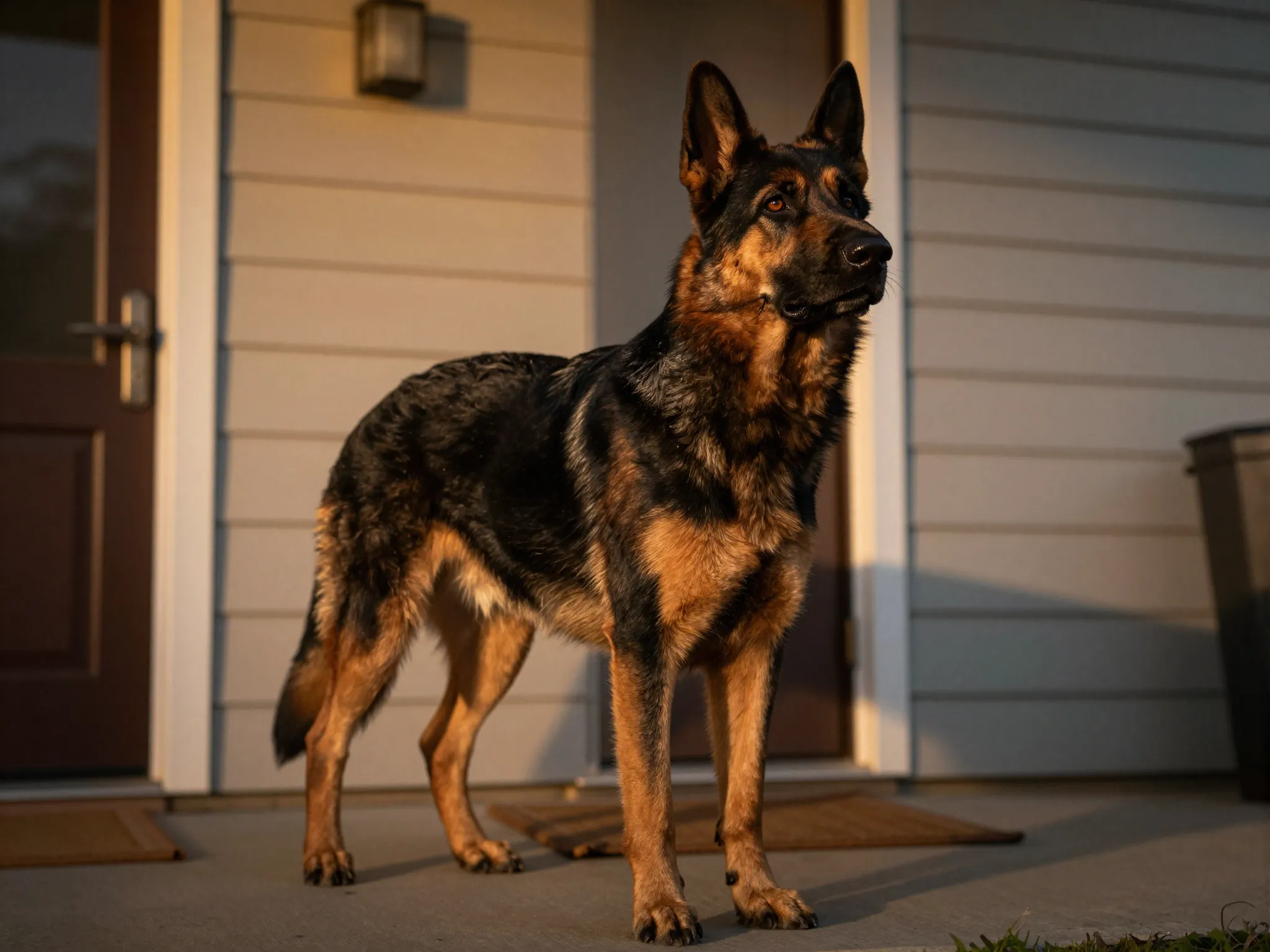 Loyal protector gerberian shepsky guarding home entrance at dusk