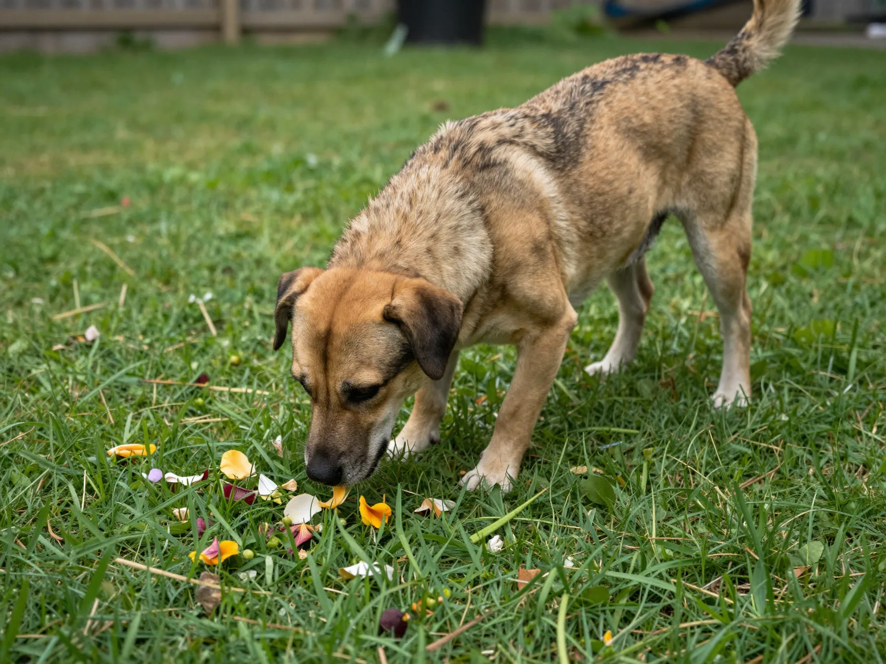 Dog exhibiting pica by eating flower petals and blades of grass