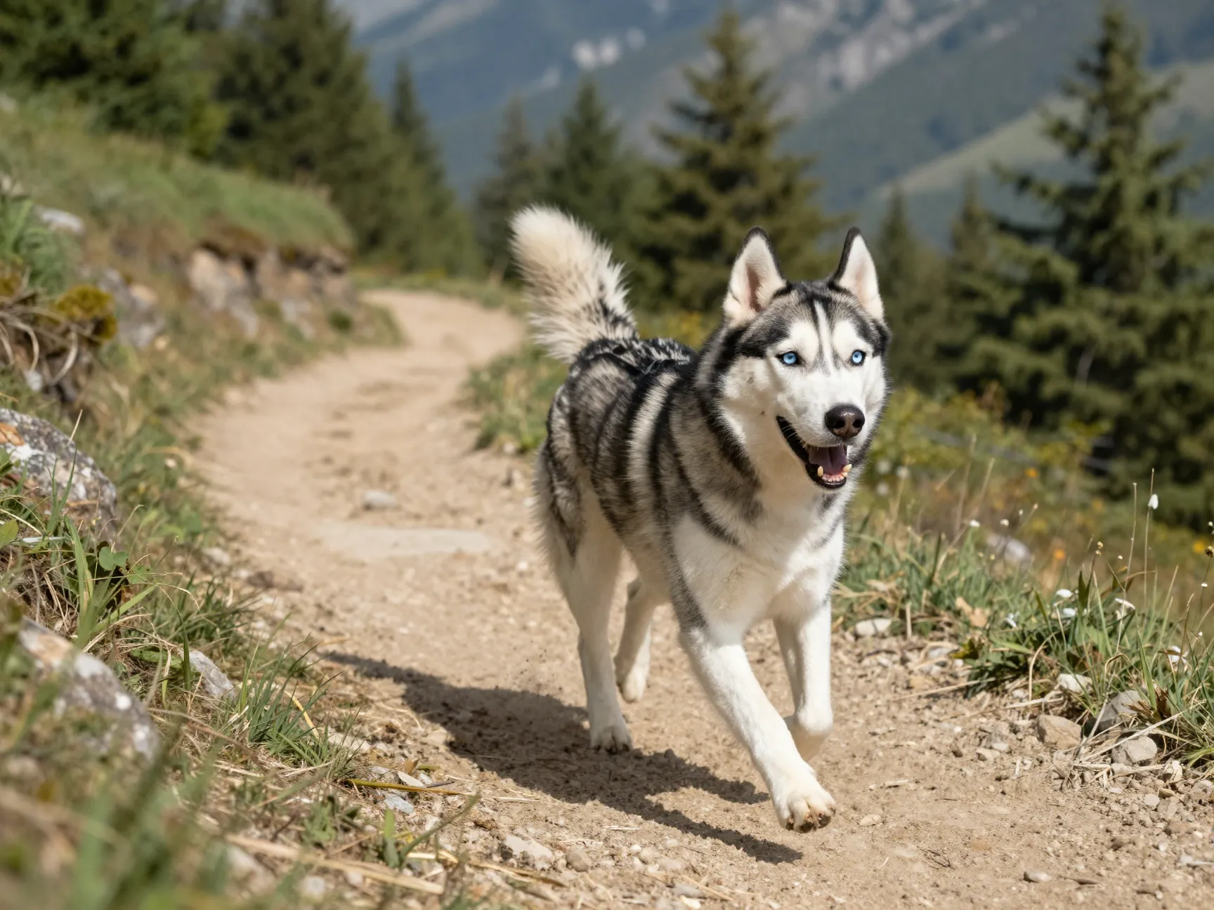 Energetic labsky husky mix running through mountain trail