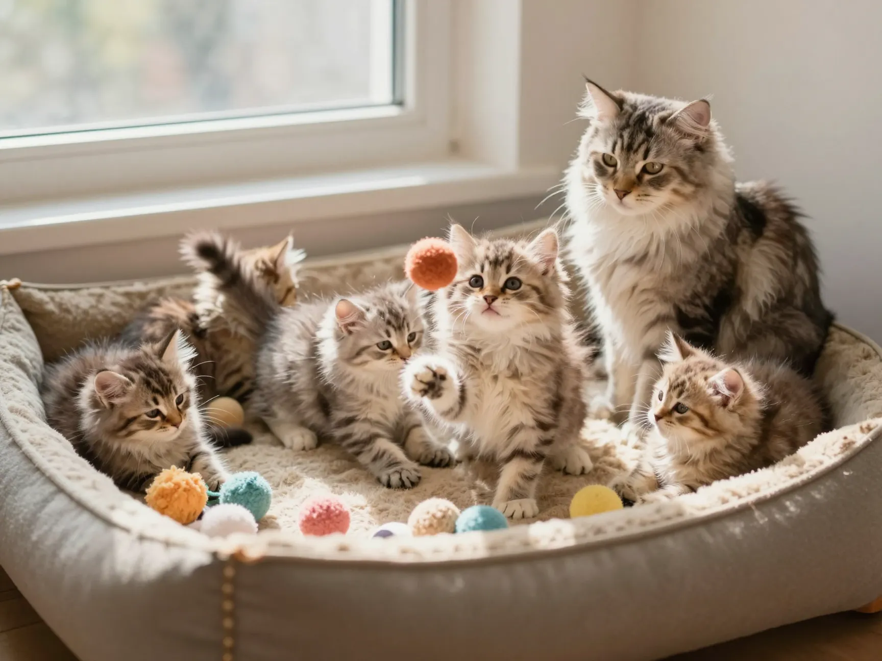 Twelve week old siberian kitten with mother and littermates playing