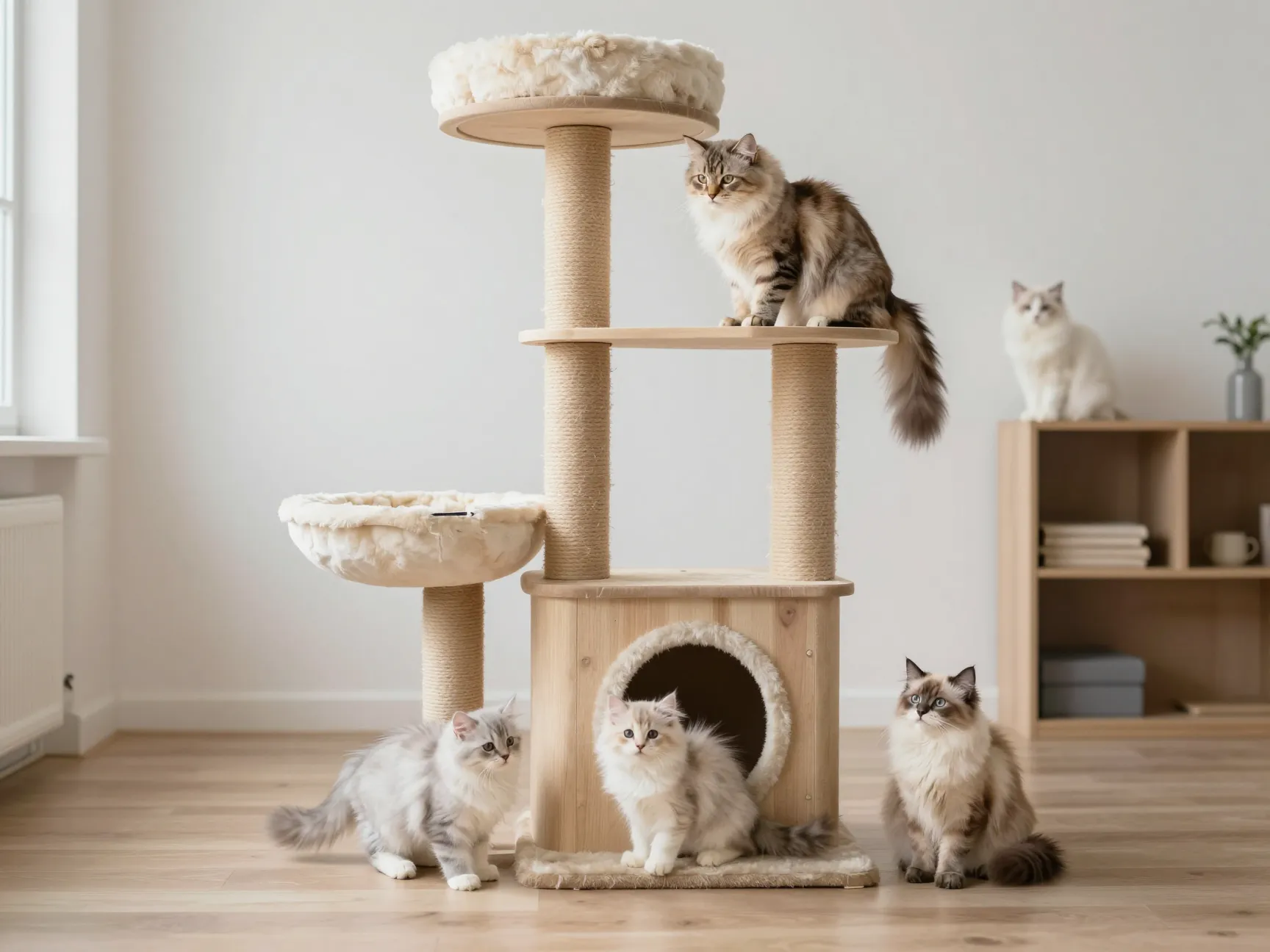 Clean home environment with socialized kittens and cat climbing trees