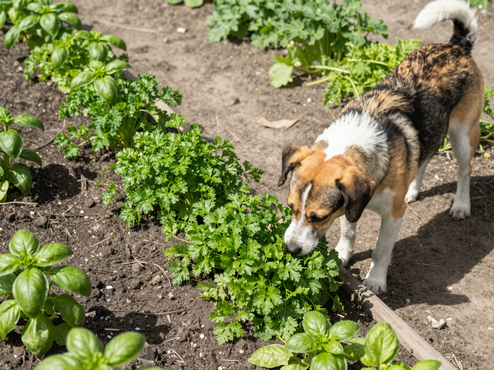 Dog instinctively grazing on dog safe herbs like parsley in garden