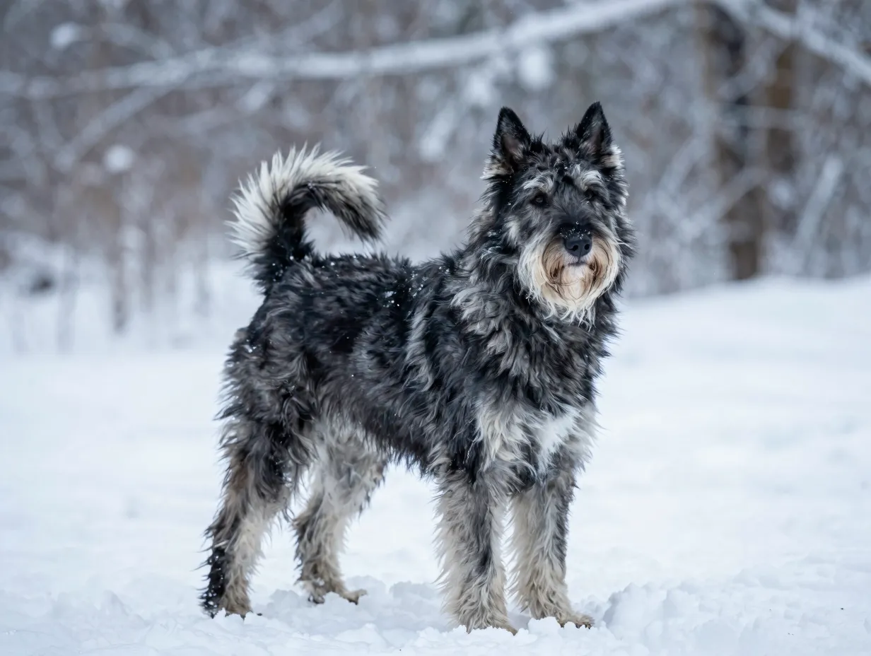 Thick coated gerberian shepsky in snowy winter forest landscape