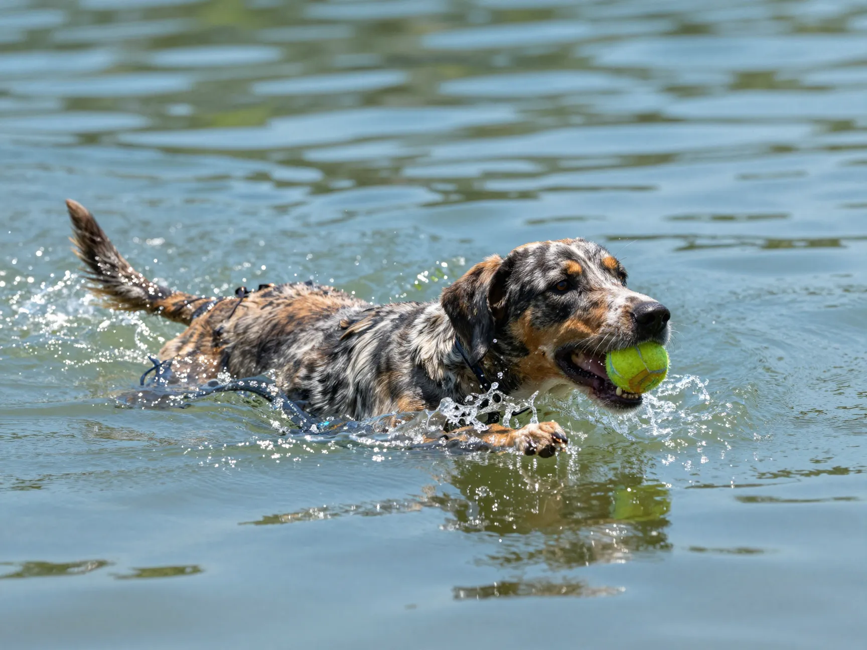 Agile aussiedor dog swimming in a lake retrieving ball
