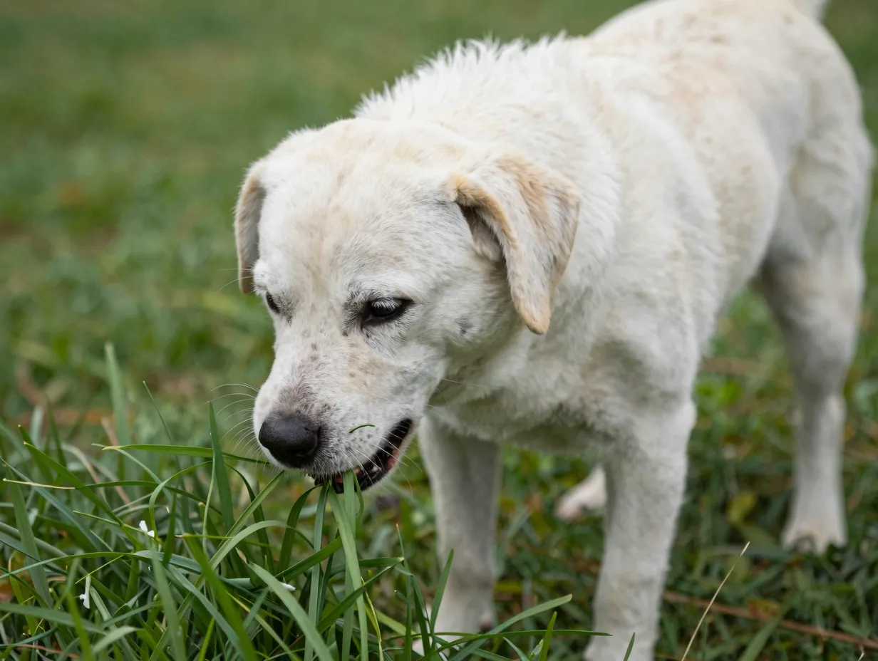 Dog eating grass with visible discomfort before self induced vomiting